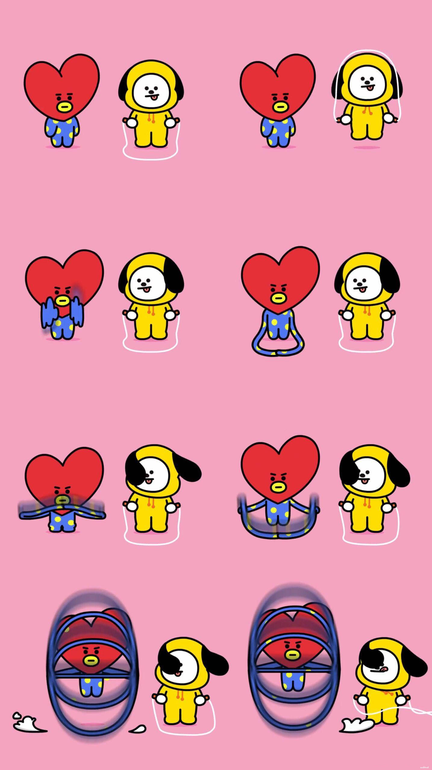 塔塔 BT21 桌布 壁紙 — 兩個身穿黃色和藍色服裝的卡通角色在純粉紅色背景上與紅色心形角色互動。