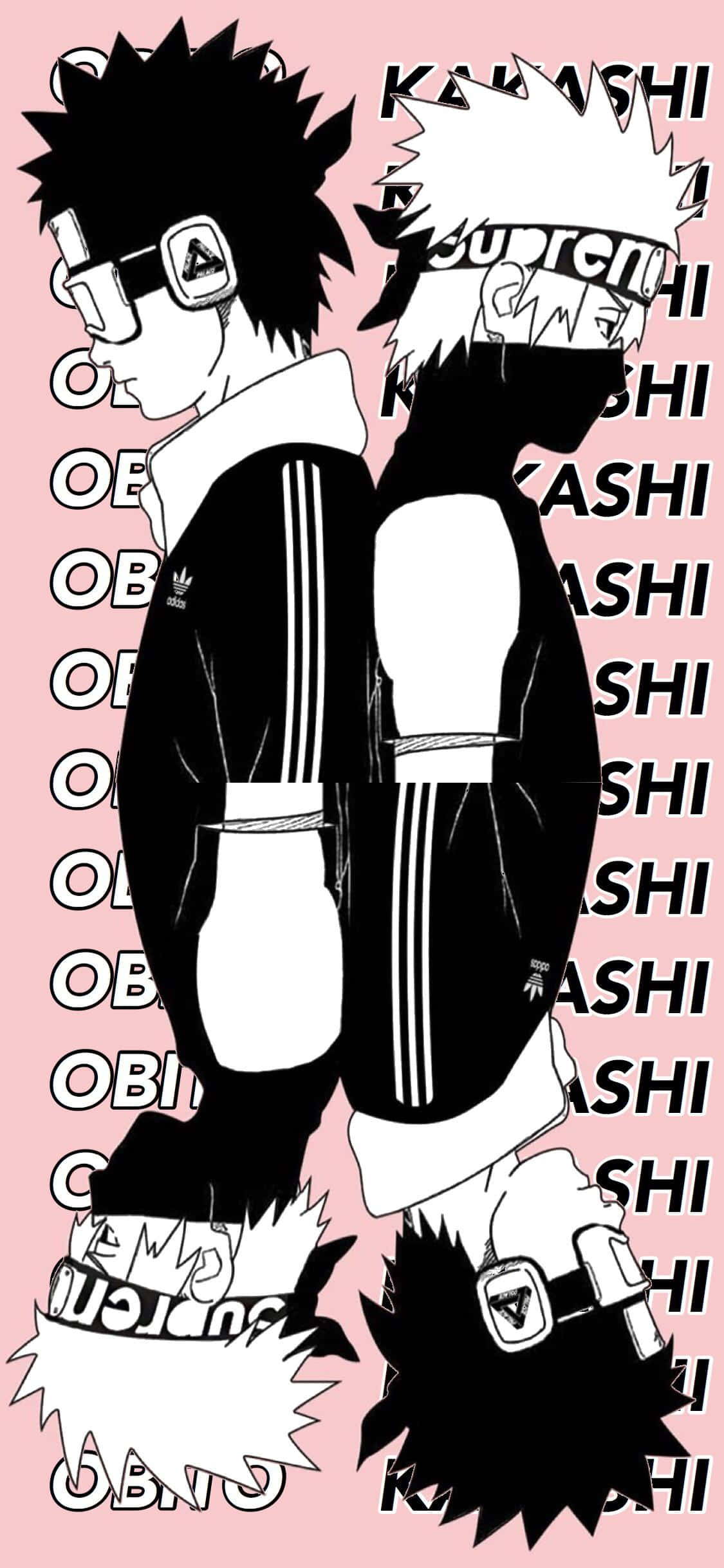 桌布 壁紙 — 兩個身穿黑白運動服的動漫角色背對背站在帶有重複文字的粉紅色背景上。