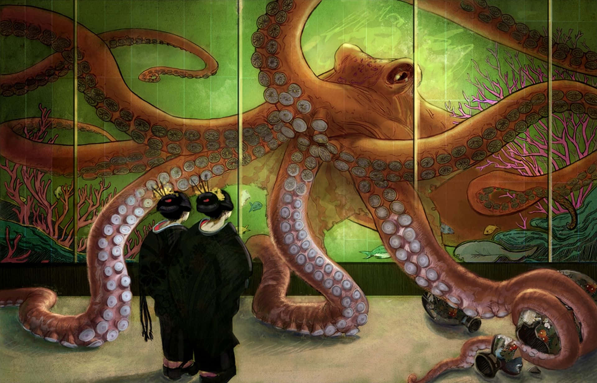 章魚 桌布 壁紙 — 兩個身穿黑色和服、戴著皇冠的人物站在一幅巨大的章魚壁畫前，壁畫在綠色面板上，帶有粉紅色珊瑚。