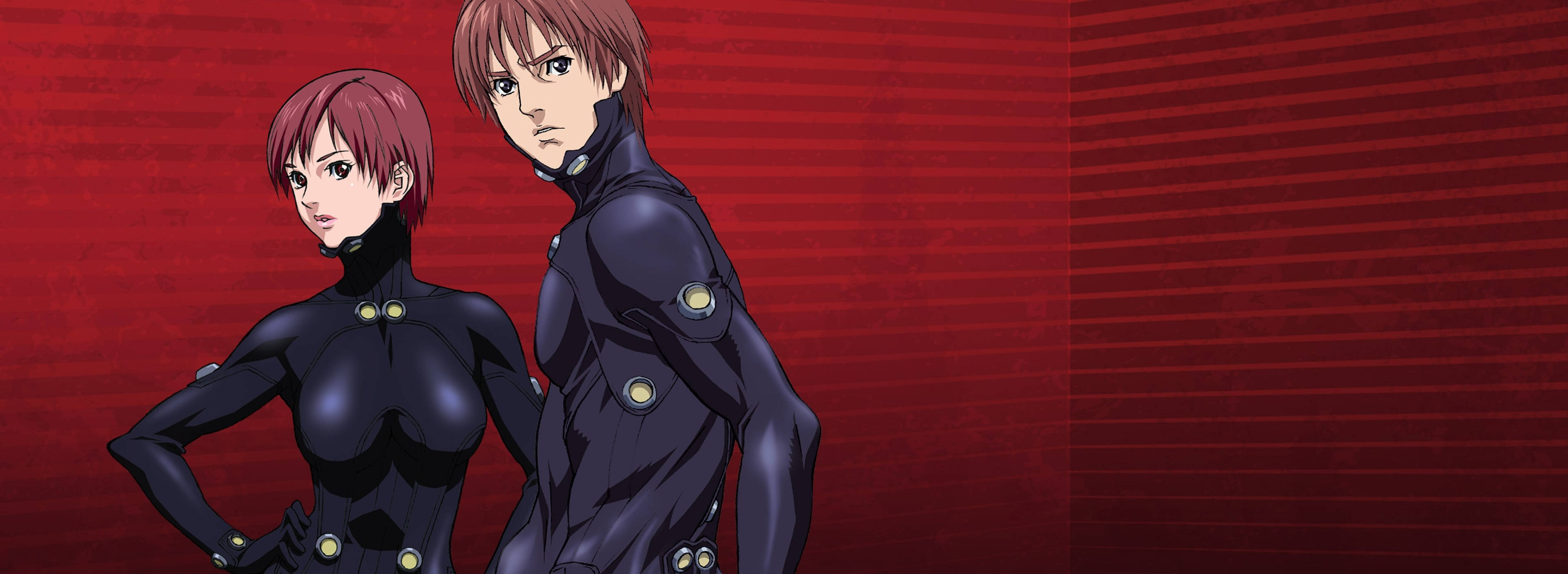 gantz 桌布 壁紙 — 兩個身穿黑色戰術服的動漫角色自信地站在大膽的紅色條紋背景前。