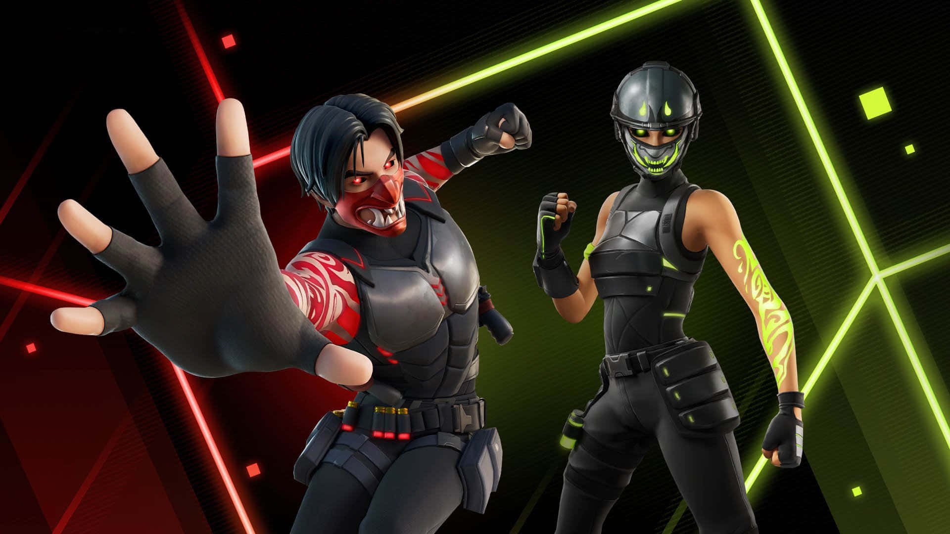 Fortnite 桌布 壁紙 — 兩個身穿黑色戰術裝備、帶有發光霓虹點綴的Fortnite角色，在帶有紅色和綠色雷射線的黑暗背景前動態擺姿勢。