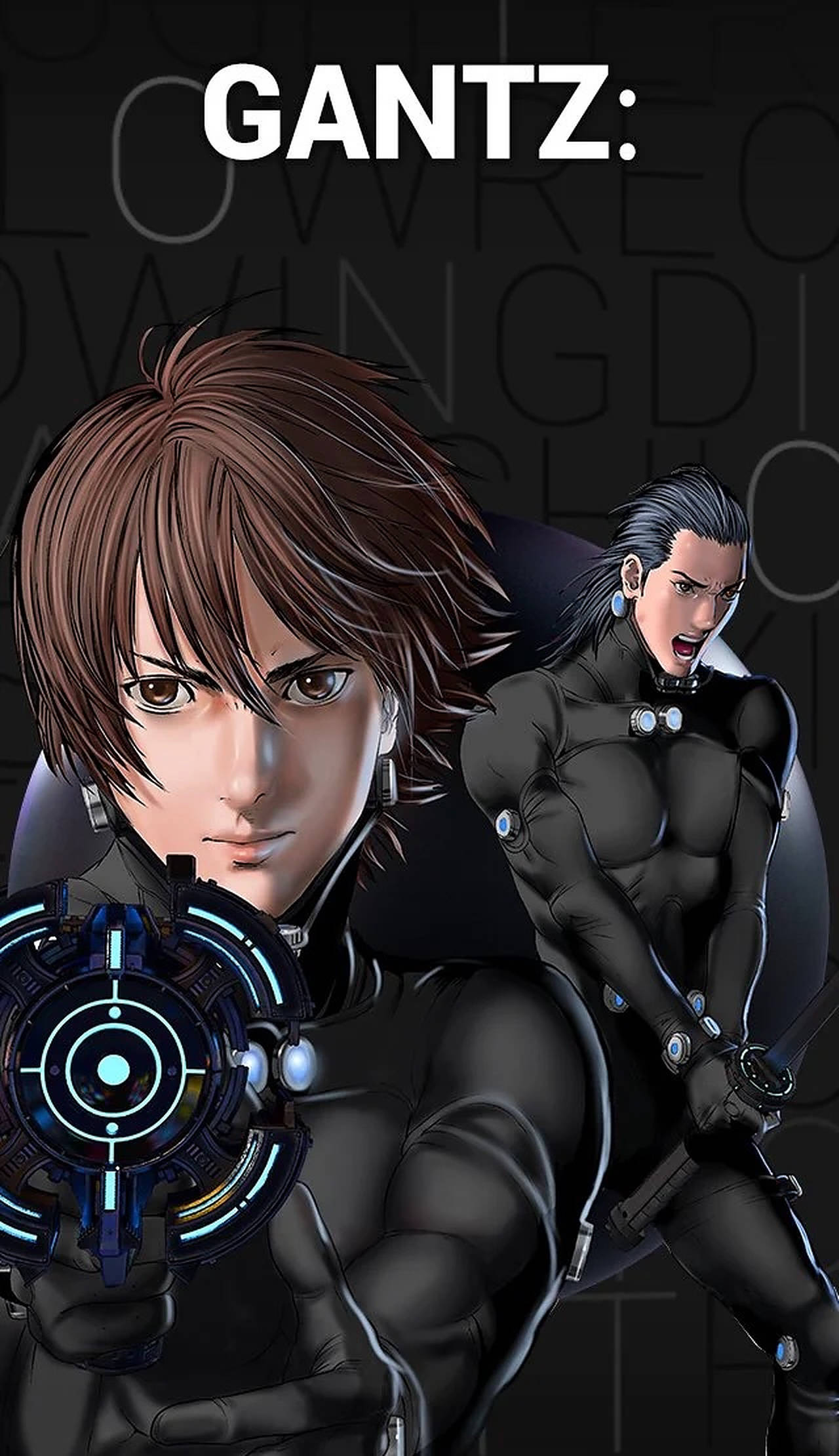 Gantz 桌布 壁紙 — 兩個身穿黑色戰術裝備的動漫角色準備就緒，其中一個在黑暗背景上手持發光的未來武器，背景上有GANTZ字樣。