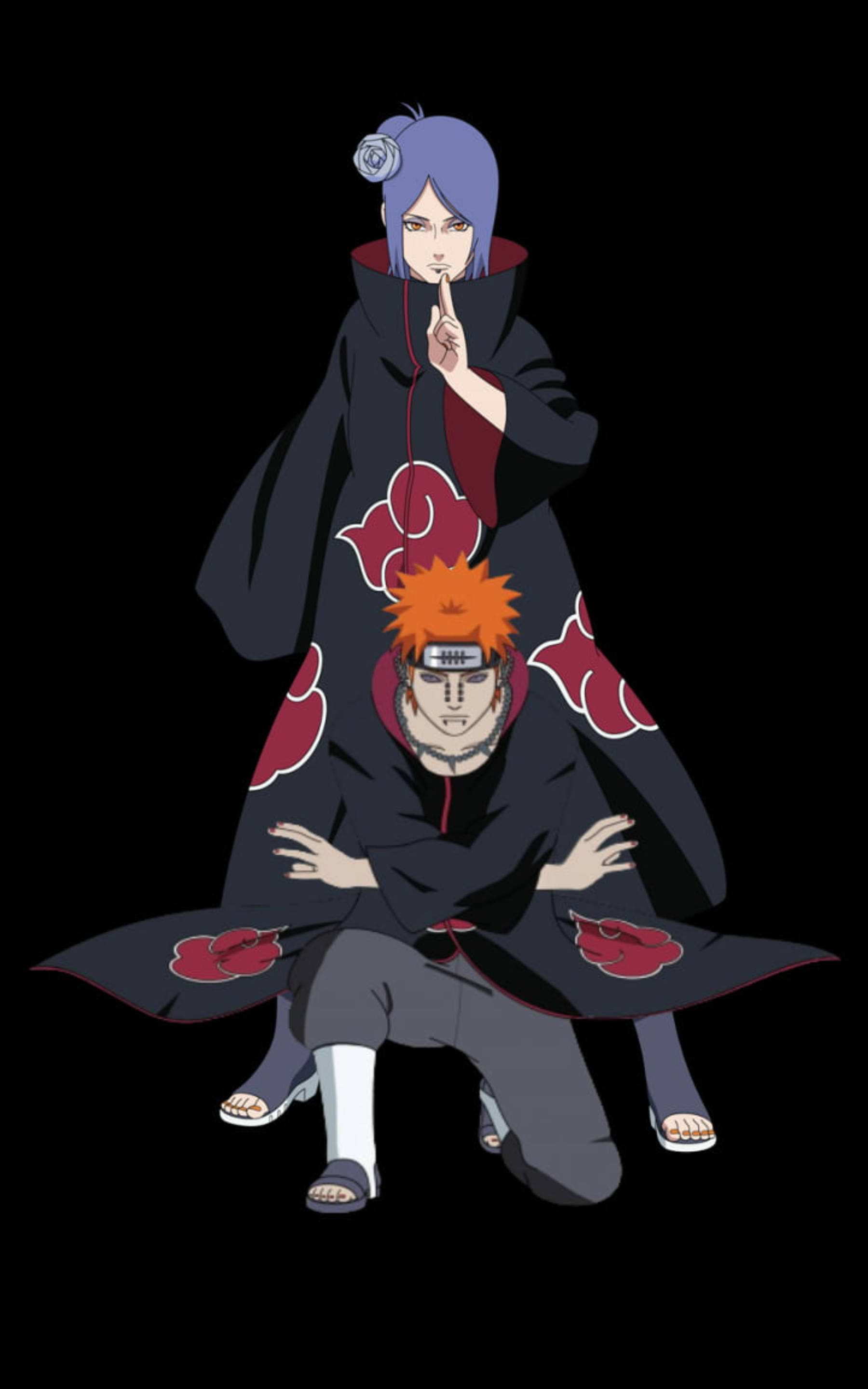 akatsuki phone 桌布 壁紙 — 兩個身穿黑色斗篷、帶有紅色雲紋的動漫角色在黑色背景前擺姿勢，一個站著手指放在唇邊，另一個蹲著。