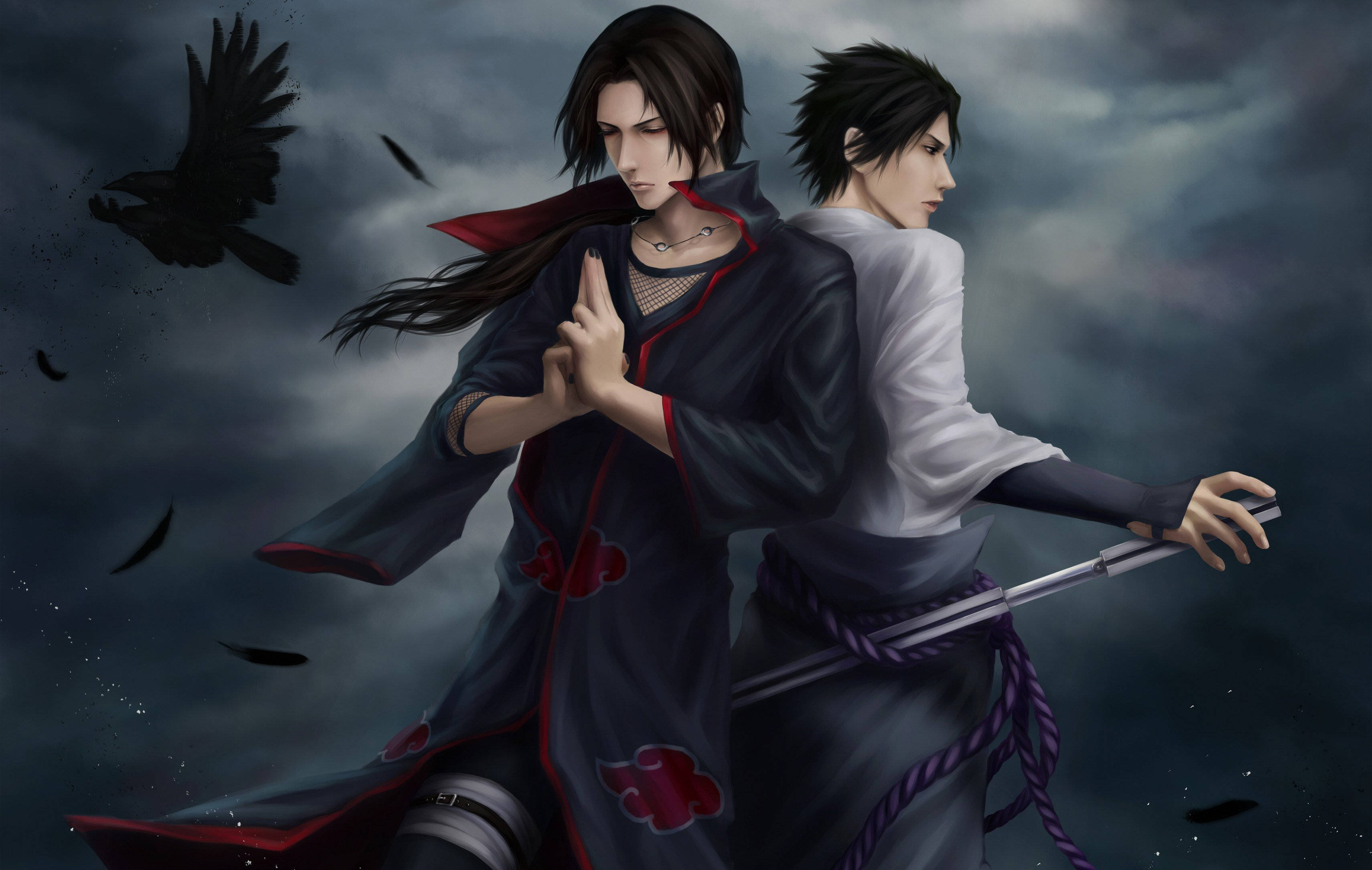 Uchiha 桌布 壁紙 — 兩個身穿黑色斗篷的動漫戰士在暴風雨的天空下背靠背站立，烏鴉在他們周圍飛翔。