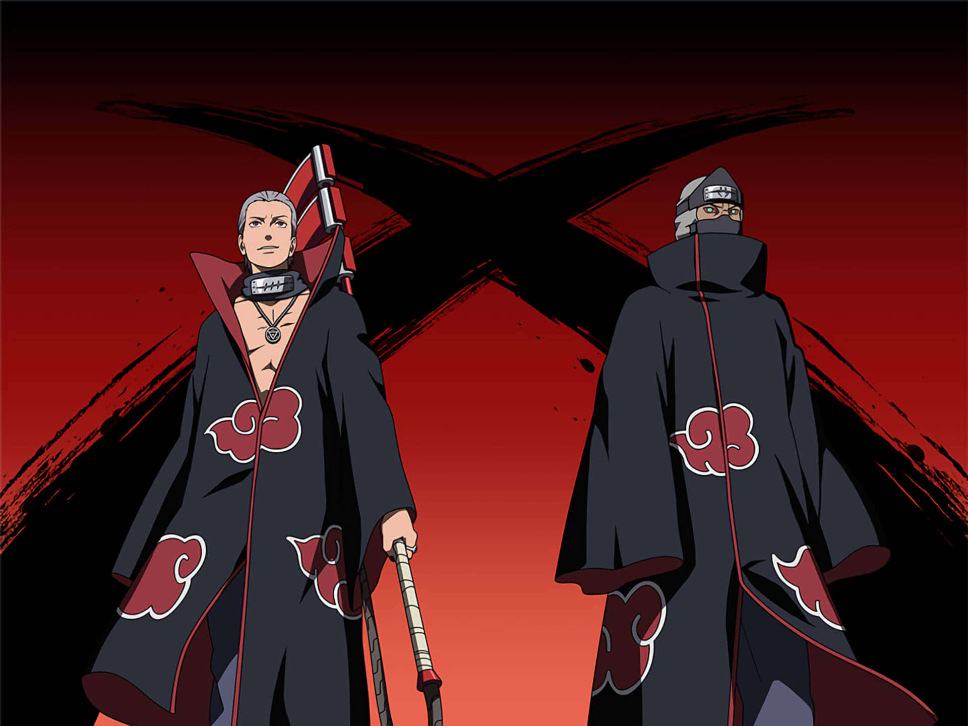 Akatsuki Kakuzu 桌布 壁紙 — 兩個身穿黑色曉組織斗篷、帶有紅色雲紋的動漫角色，站在戲劇性的紅黑背景前。
