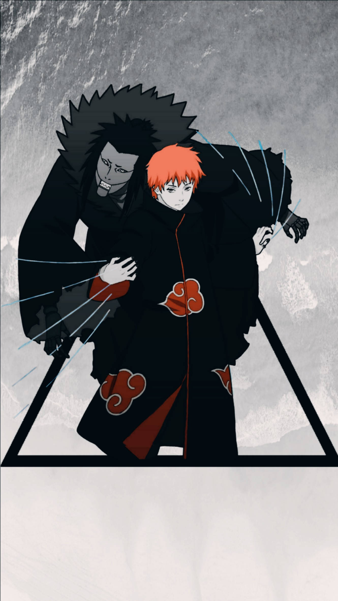 Sasori 桌布 壁紙 — 兩個身穿黑色曉組織長袍的動漫角色，在灰色紋理背景前緊張對峙。
