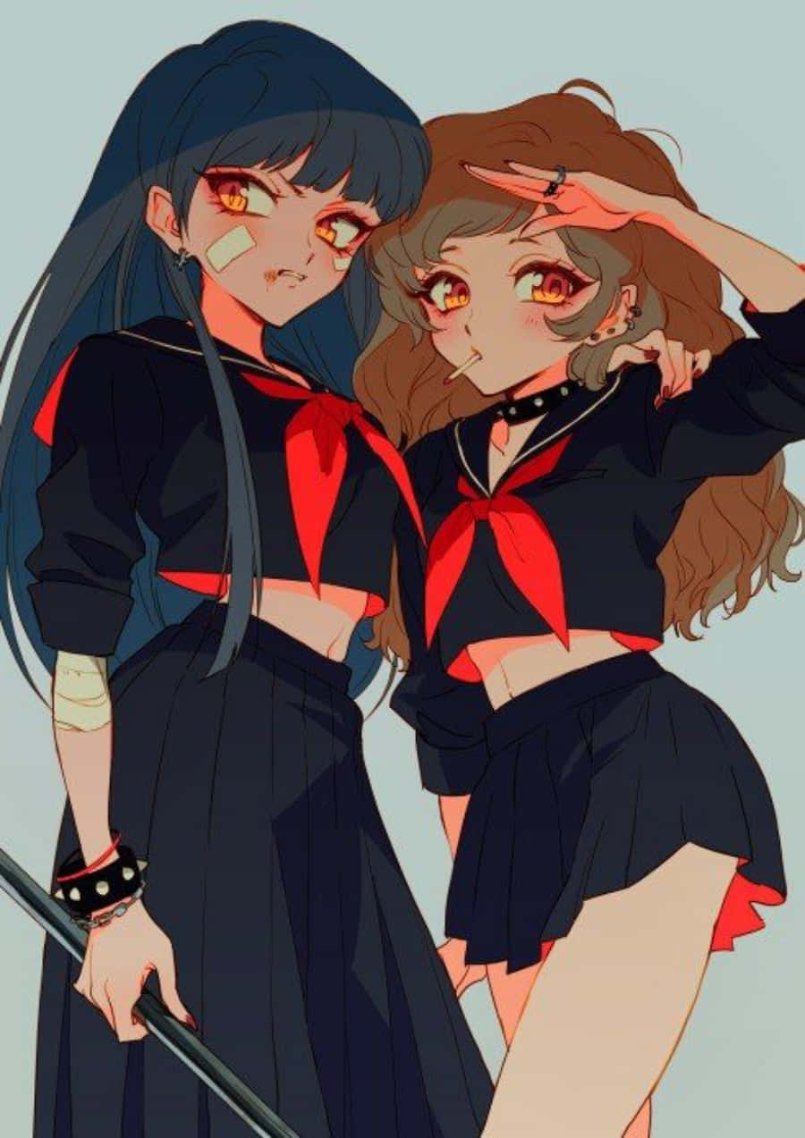 桌布 壁紙 — 兩個身穿黑色水手服、帶紅色點綴的動漫女孩在柔和的藍色背景前自信地擺姿勢。