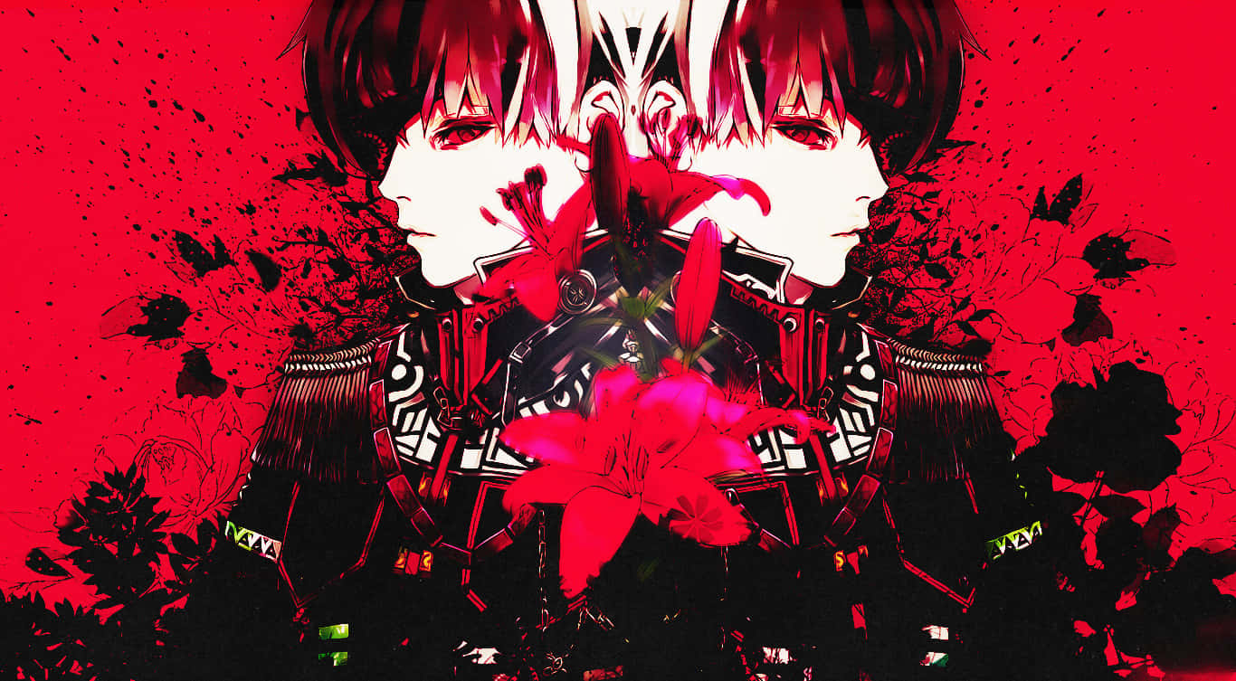 Sui Ishida 桌布 壁紙 — 兩個身穿黑色盔甲的動漫角色在鮮紅色背景上，帶有黑色墨水飛濺和粉紅色百合花，面對面站立。