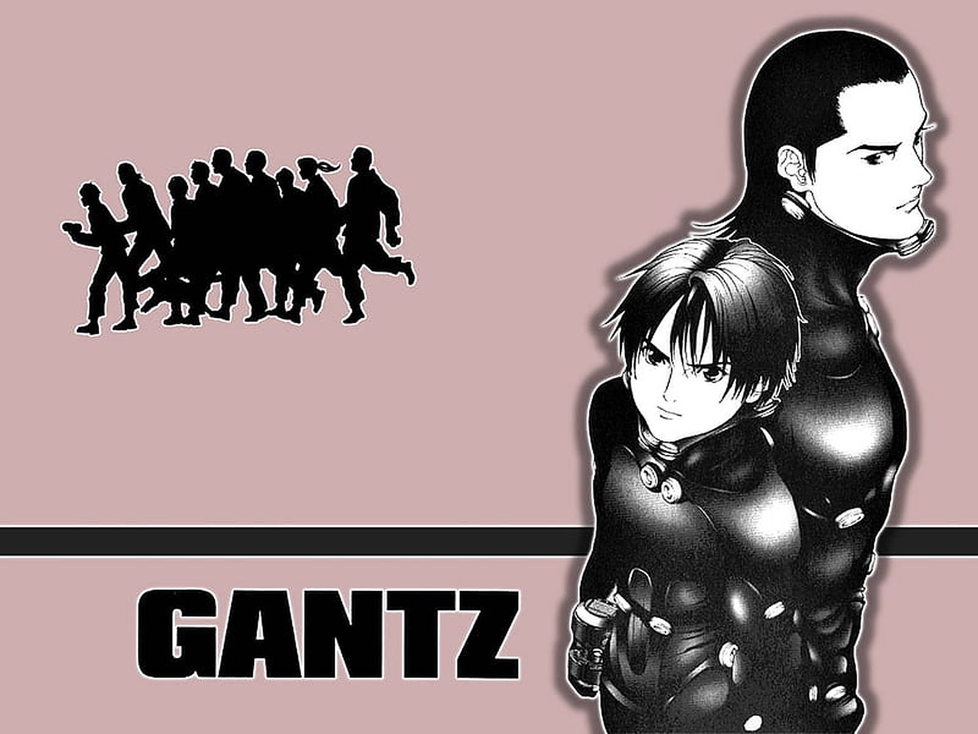 Gantz 桌布 壁紙 — 兩個身穿黑色緊身衣的動漫角色站在淡紫色背景前，背景有奔跑人物的剪影和「GANTZ」字樣。