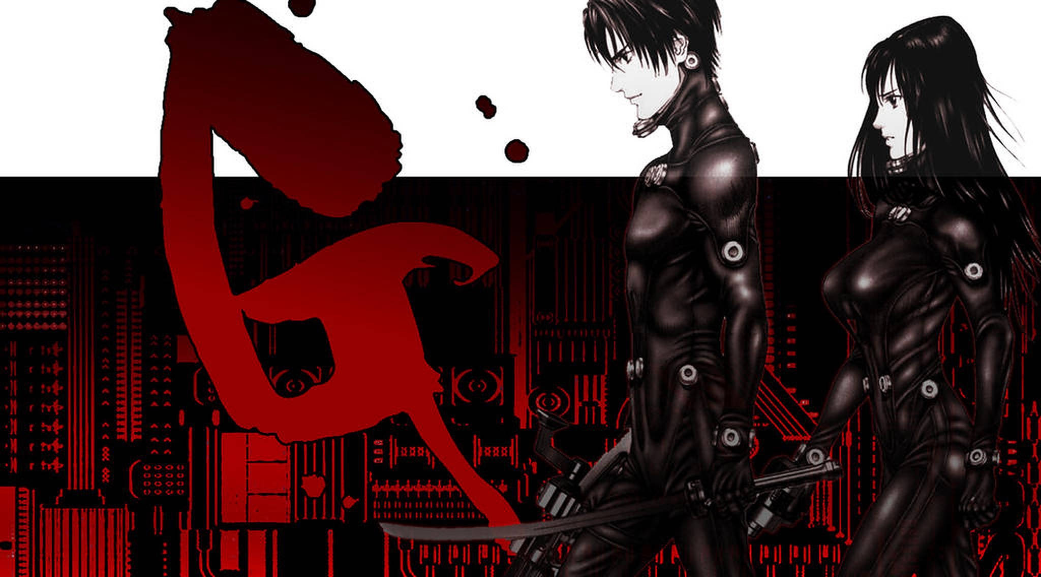 gantz 桌布 壁紙 — 兩個身穿黑色緊身衣的動漫角色站在紅色電路板背景前，上方有一個大型紅色風格化的「G」。