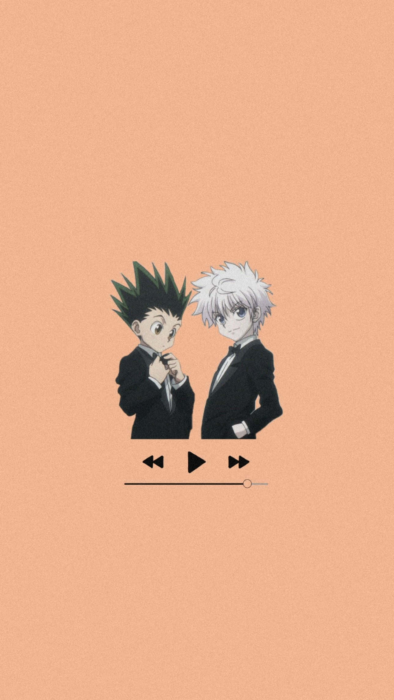 獵人 x 獵人 桌布 壁紙 — 兩個身穿黑色西裝的動漫男孩站在桃色背景前，下方有一個媒體播放器欄。