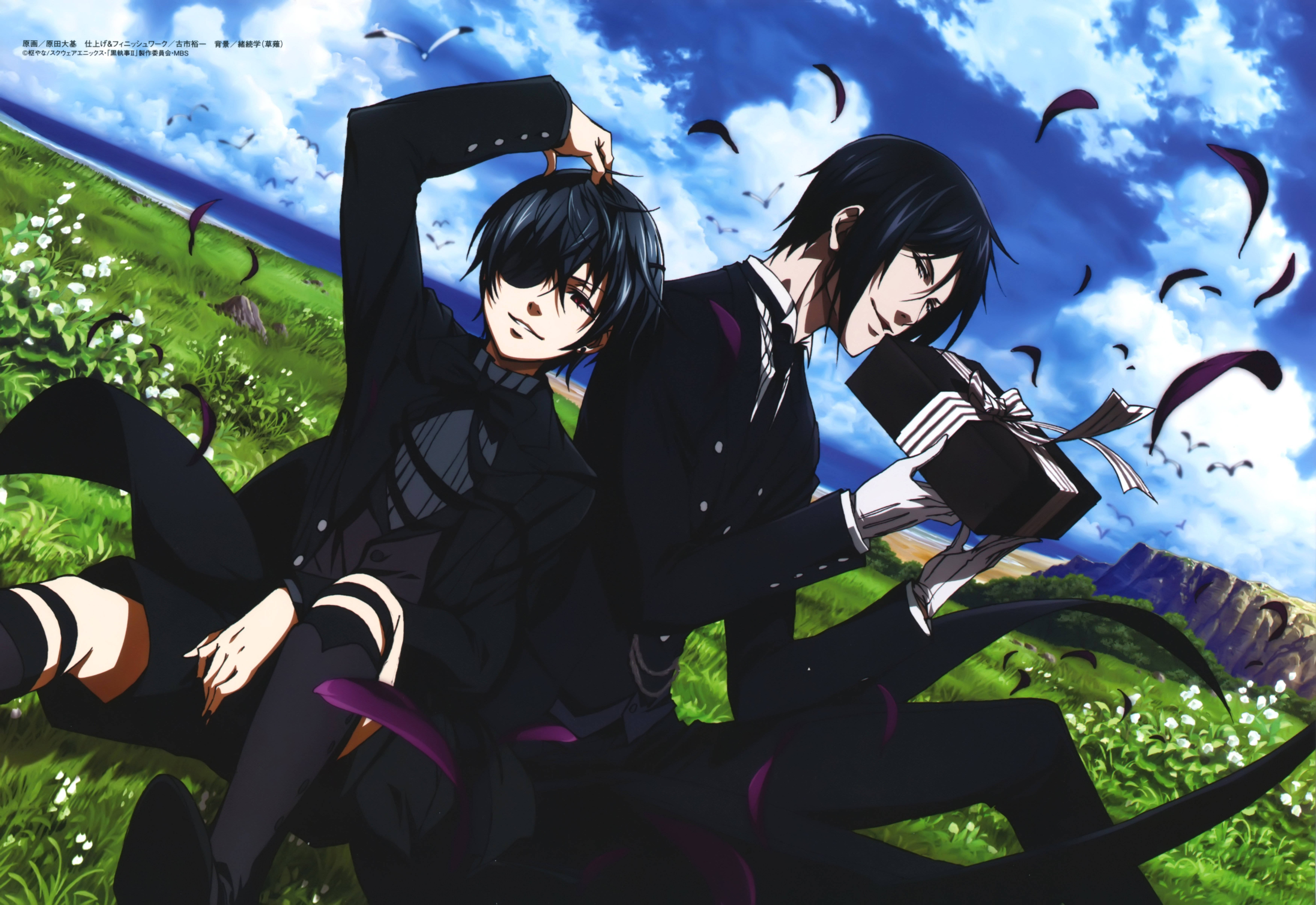 Black Butler 桌布 壁紙 — 兩個身穿黑色西裝的動漫角色坐在草地上，藍天白雲下，紫色葉片在他們周圍旋轉。