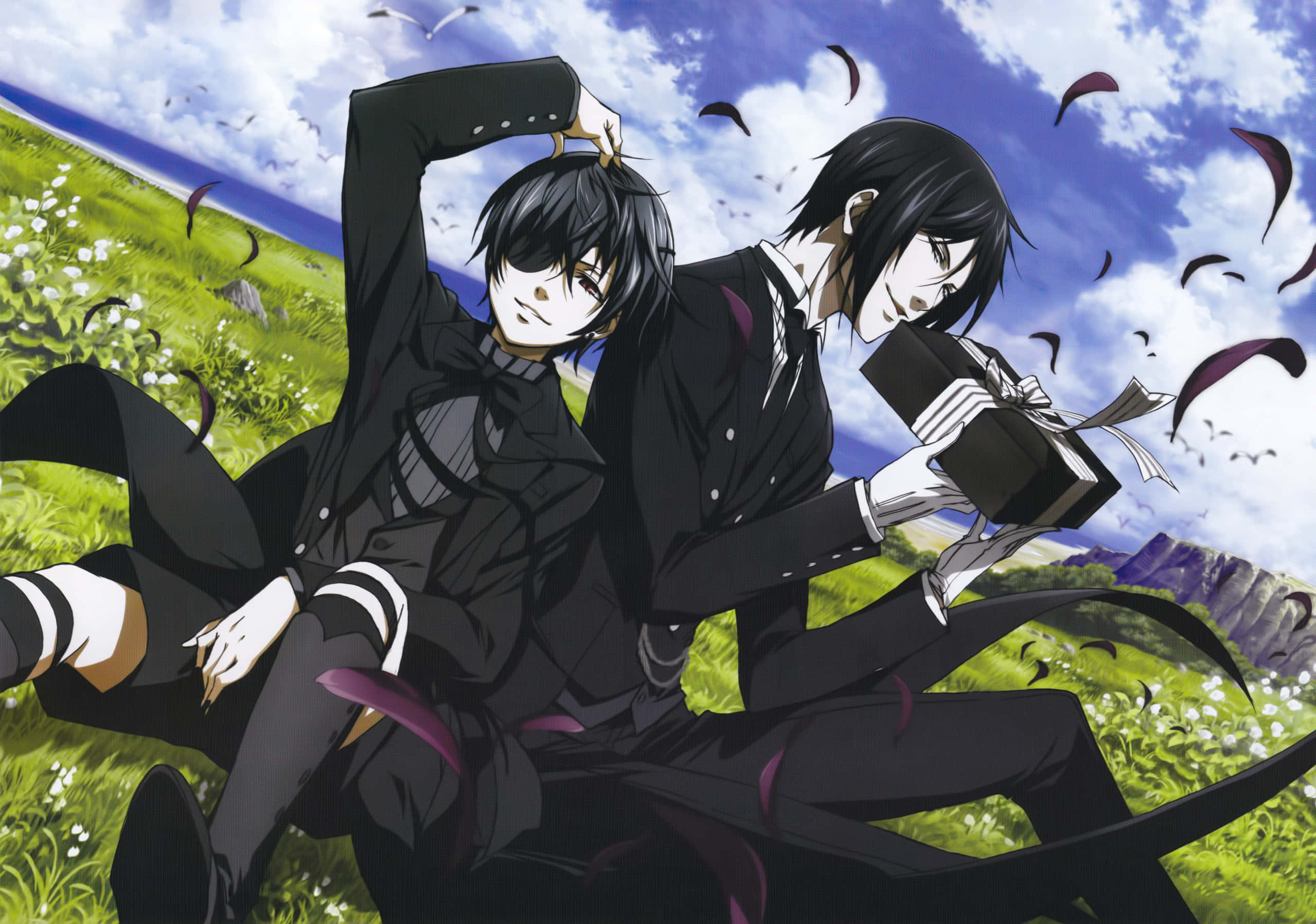 Black Butler 桌布 壁紙 — 兩個身穿黑色西裝的動漫角色坐在長滿草的山丘上，藍天白雲，紫色樹葉在他們周圍旋轉。