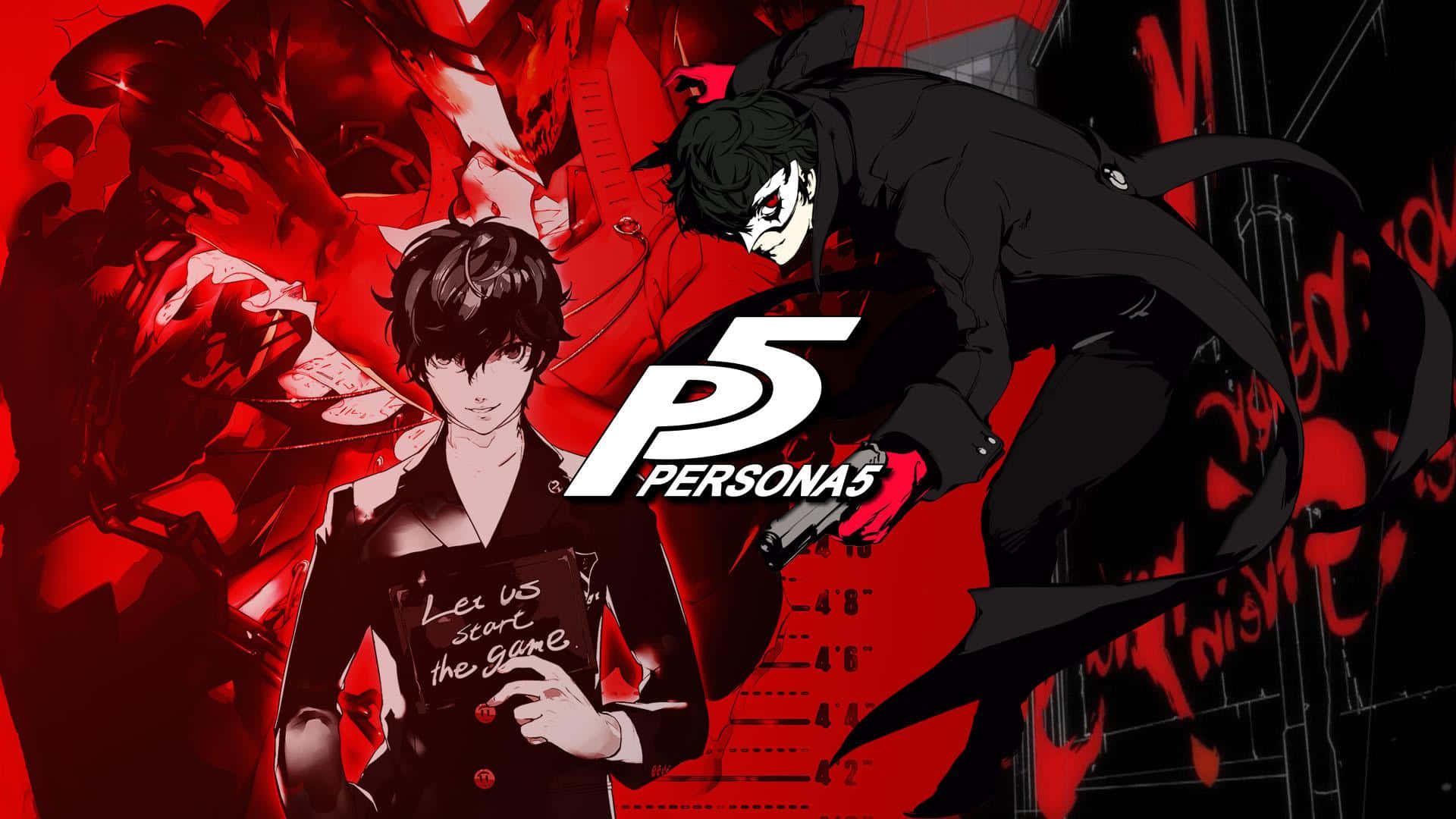 兩個身穿黑色西裝的動漫角色，紅色背景，Persona 5標誌。 — Ps4 壁紙