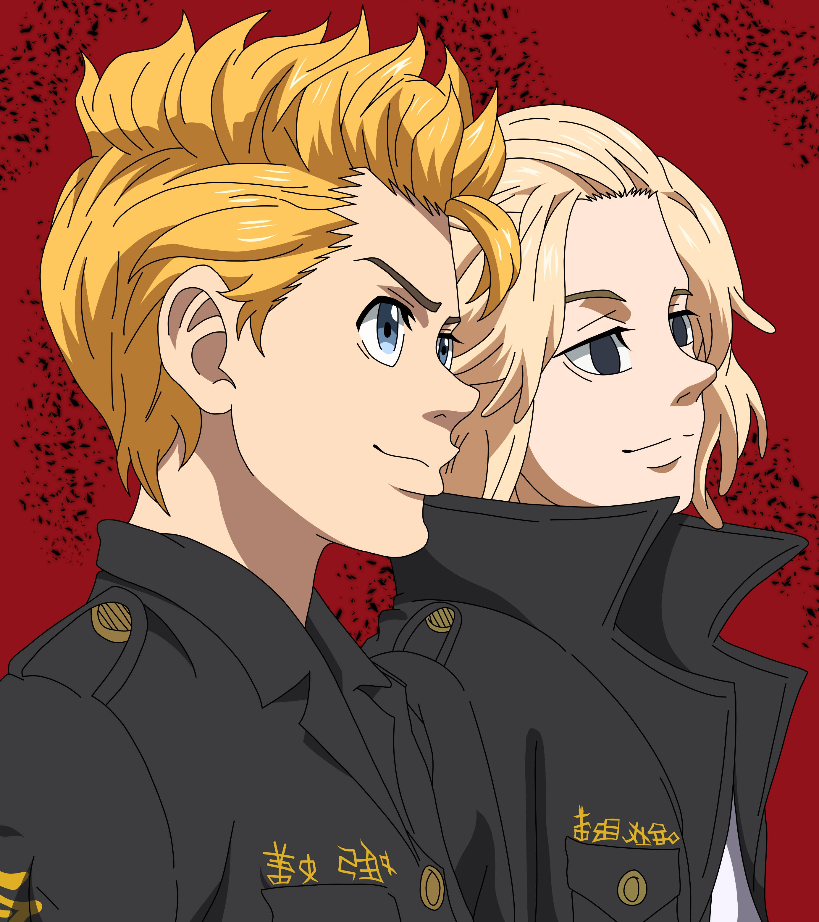 Manjiro 桌布 壁紙 — 兩個身穿黑色軍裝外套的動漫角色並肩站在有紋理的紅色背景前。