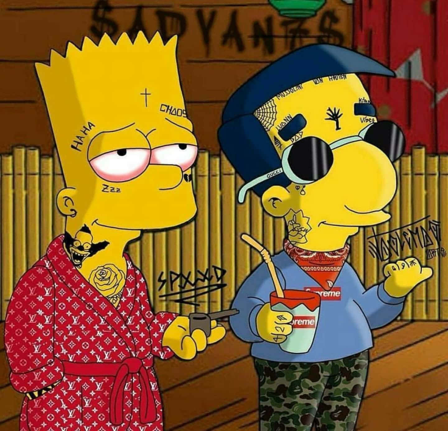 Bart Simpson Gangster 桌布 壁紙 — 兩個辛普森角色打扮成潮人，帶有刺青和奢侈品牌，在一個佈滿塗鴉的木房間裡。