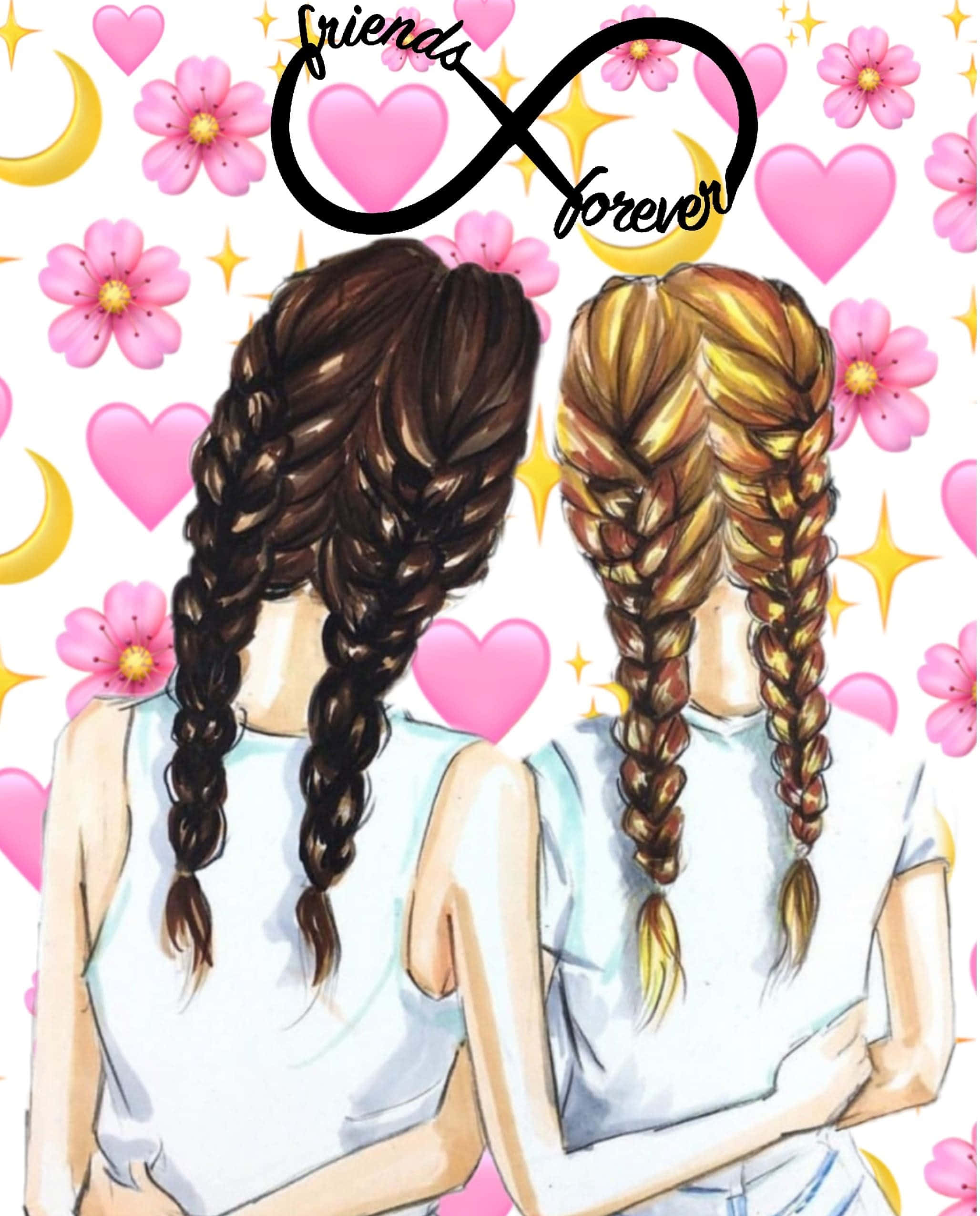 Bestie 桌布 壁紙 — 兩個辮子女孩背對背站在充滿粉紅愛心、花朵和新月的歡樂背景前。