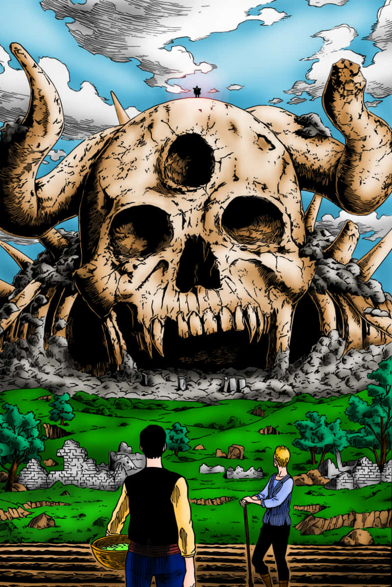 Black Clover Anime 桌布 壁紙 — 兩個農夫抬頭仰望一個巨大的有角頭骨，籠罩在陰天下的田園村莊之上。