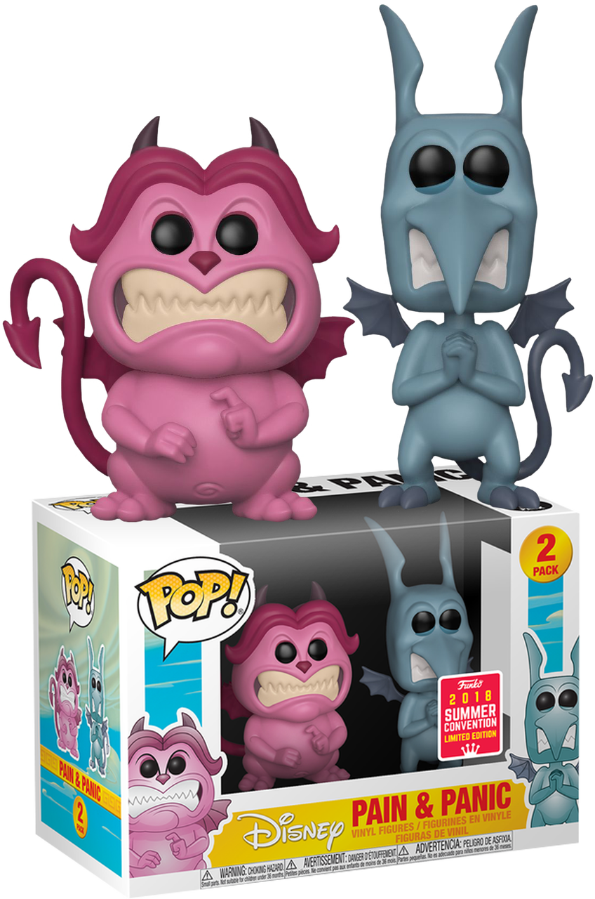 Panic 桌布 壁紙 — 兩個迪士尼Pain和Panic的Funko Pop! 乙烯基公仔站在他們的收藏盒上，帶著誇張的笑容和惡魔角。
