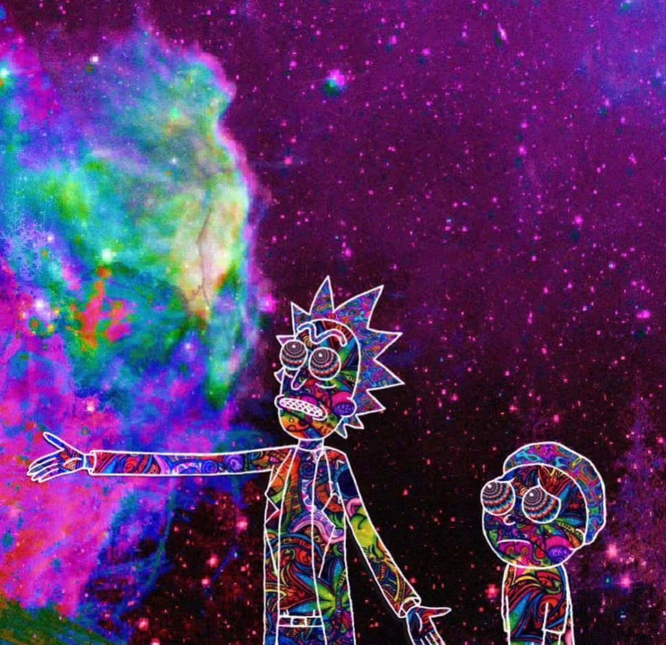 kaleidoscope 桌布 壁紙 — 兩個迷幻卡通人物站在充滿旋轉紫色、綠色和粉紅色星星的充滿活力的宇宙星雲中。