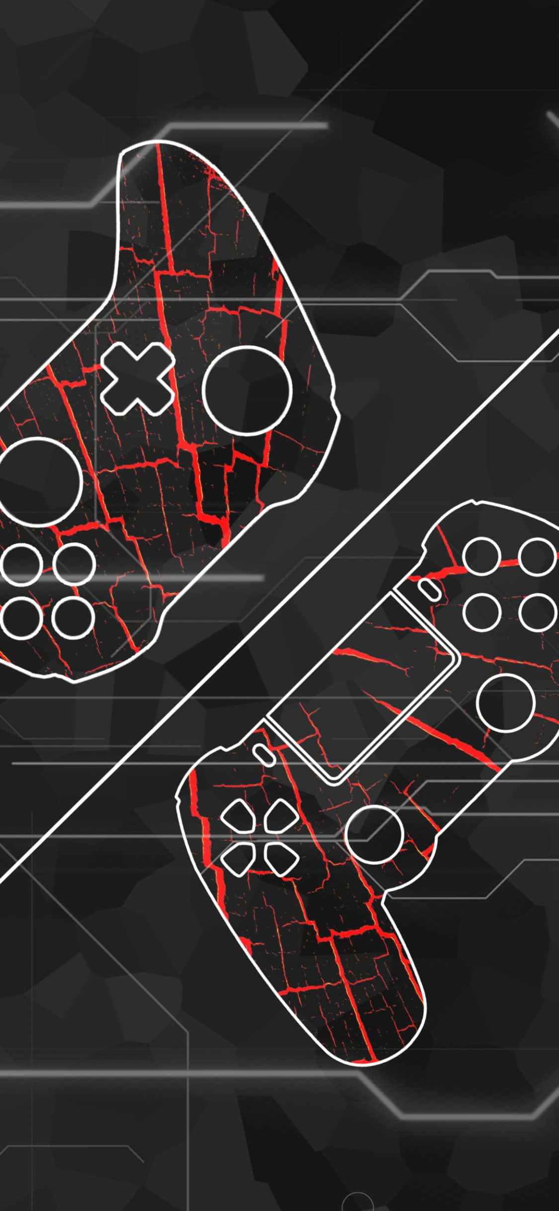 Controller 桌布 壁紙 — 兩個遊戲控制器以白色輪廓勾勒，帶有發光的紅色裂紋圖案，背景為深色幾何圖案。