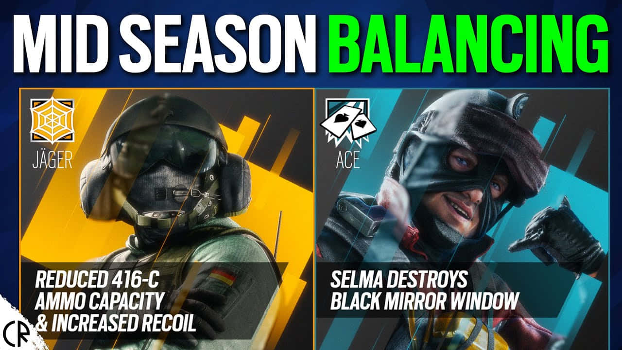 Rainbow Six Siege Jager 桌布 壁紙 — 兩個遊戲角色Jäger和Ace以動態姿勢展示，並以粗體文字宣佈賽季中期平衡性更新。