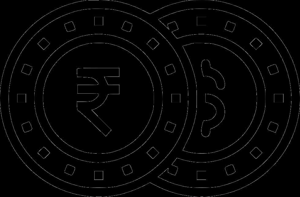 金錢 桌布 壁紙 — 兩個重疊的印度盧比硬幣輪廓，以白色線條藝術繪製在黑色背景上。