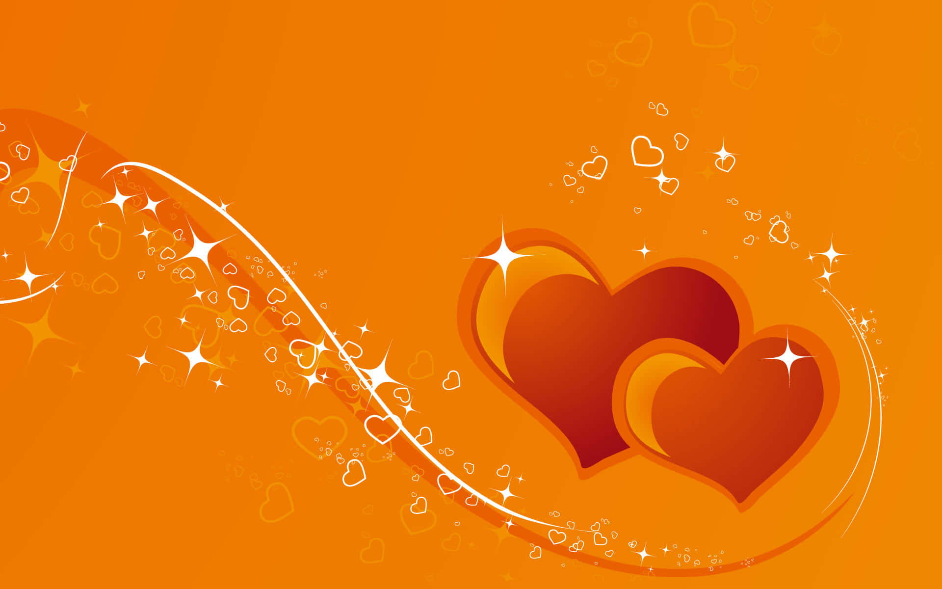 Orange Heart 桌布 壁紙 — 兩個重疊的心形在橙色背景上溫暖地發光，伴隨著旋轉的閃光和漂浮的心形圖案。
