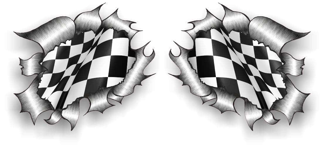 Chequered Flag 桌布 壁紙 — 兩個金屬撕裂的洞口在純白背景上顯露出方格賽車旗。
