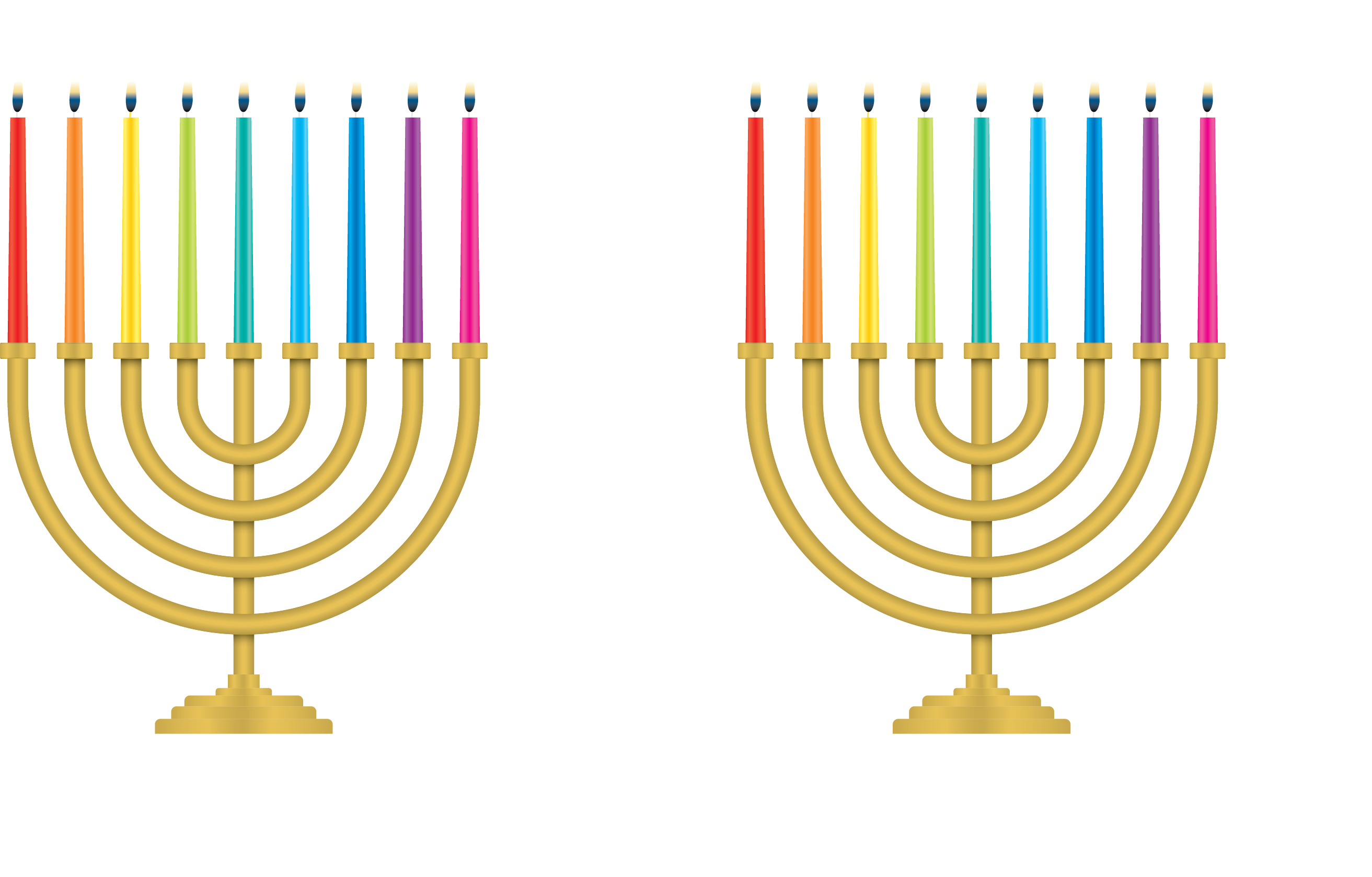 光明節 桌布 壁紙 — 兩個金色燭台，上面有彩虹色的點燃蠟燭，並排立在純白色背景前。