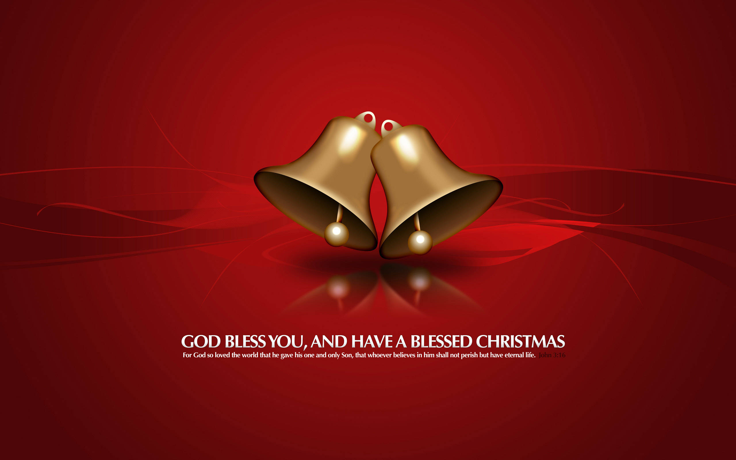 Christmas Bell 桌布 壁紙 — 兩個金色聖誕鈴鐺在豐富的紅色背景上閃耀，帶有流動的抽象線條和節日文字。