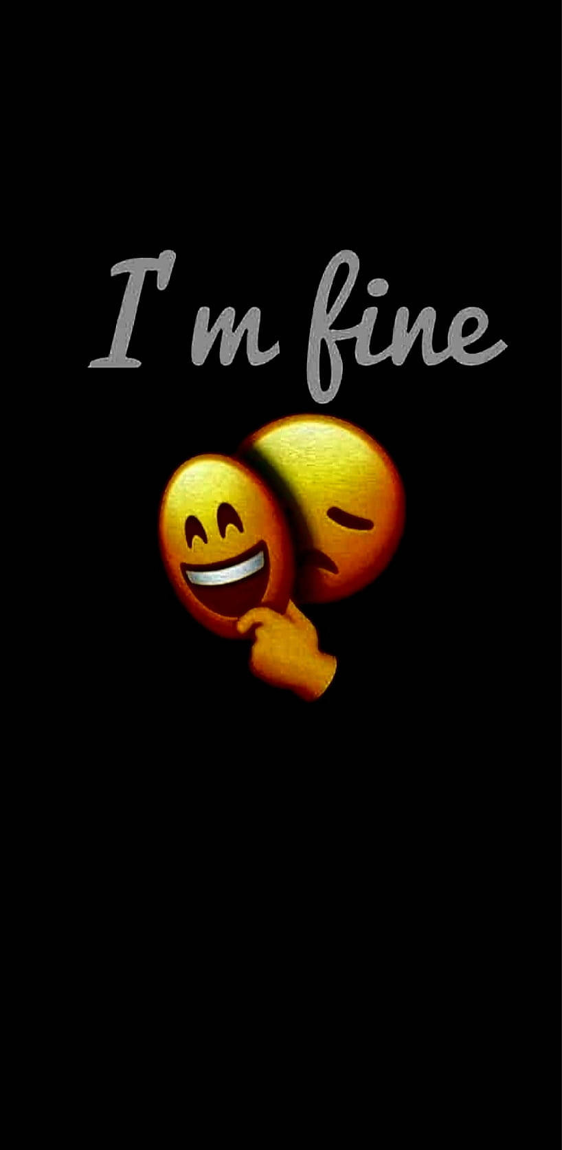 Sad Emoji 桌布 壁紙 — 兩個金色表情符號，一個咧嘴大笑，另一個眨眼，並有文字 'I'm fine' 在黑色背景上。