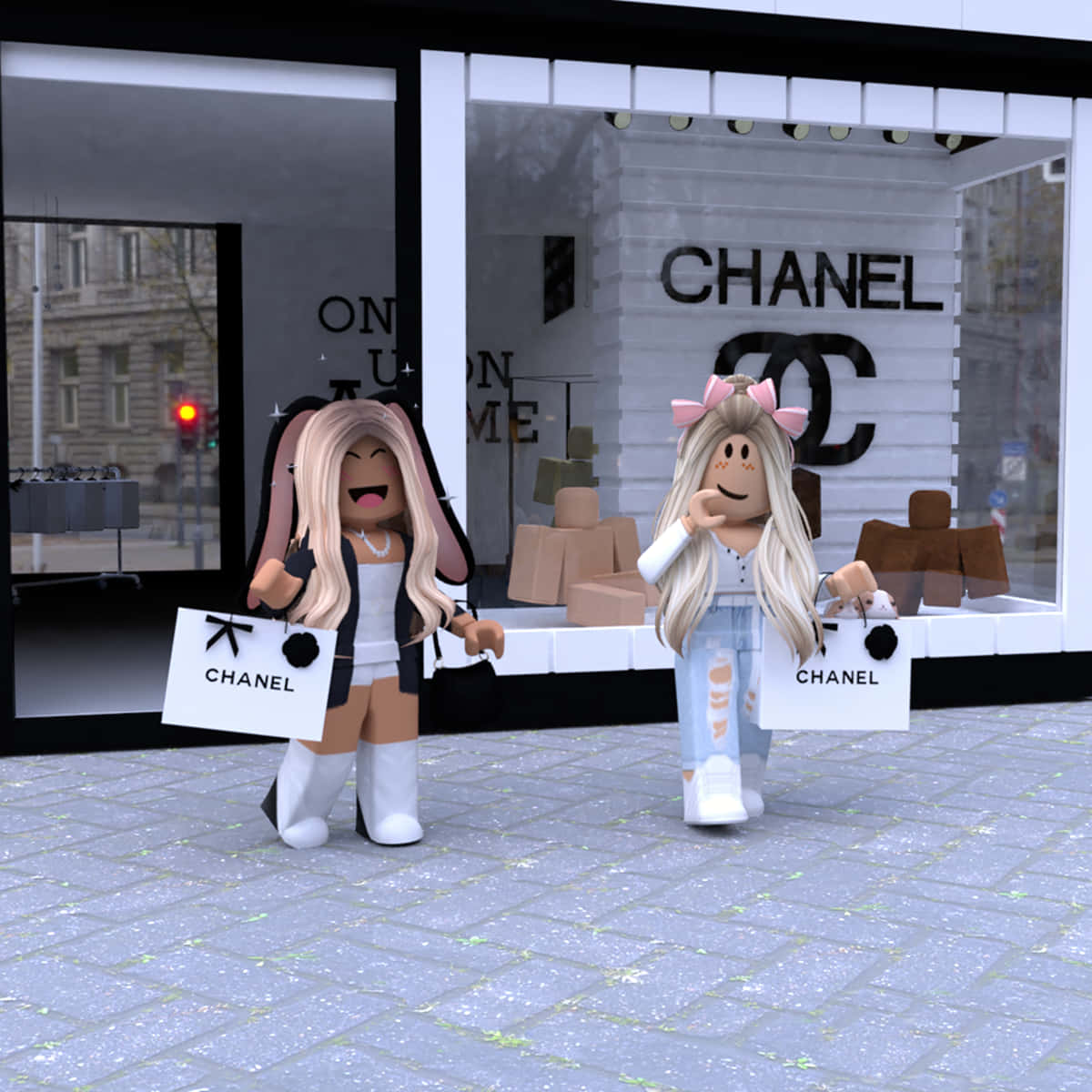 Roblox 桌布 壁紙 — 兩個金髮、戴著粉紅色配飾的 Roblox 頭像，開心地走在城市人行道上，提著 Chanel 購物袋。
