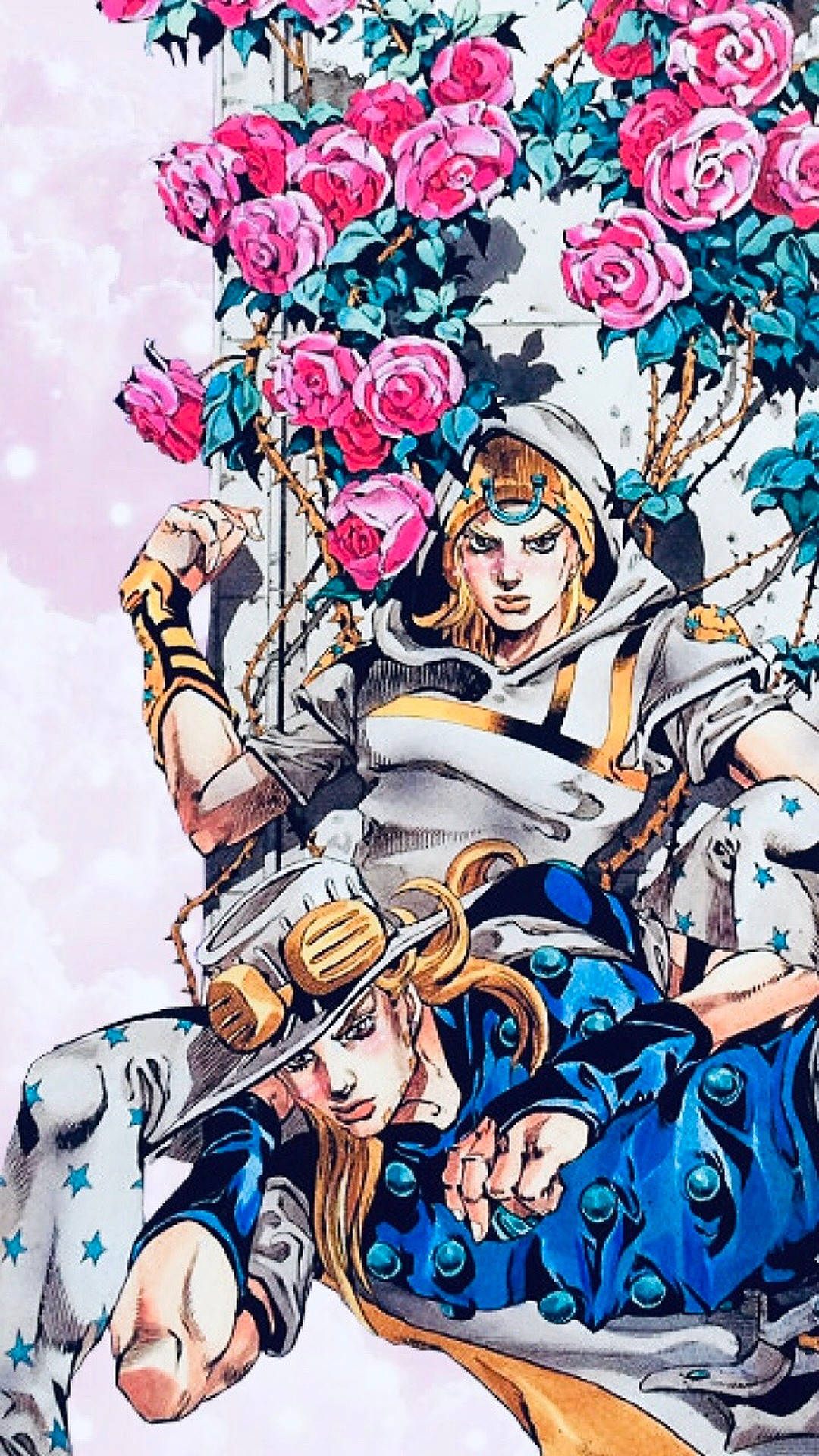 Gyro Zeppeli 桌布 壁紙 — 兩個金髮、穿著星星圖案服裝的動漫角色，坐在柔和的粉彩背景下，一串鮮豔的粉紅玫瑰瀑布之下。