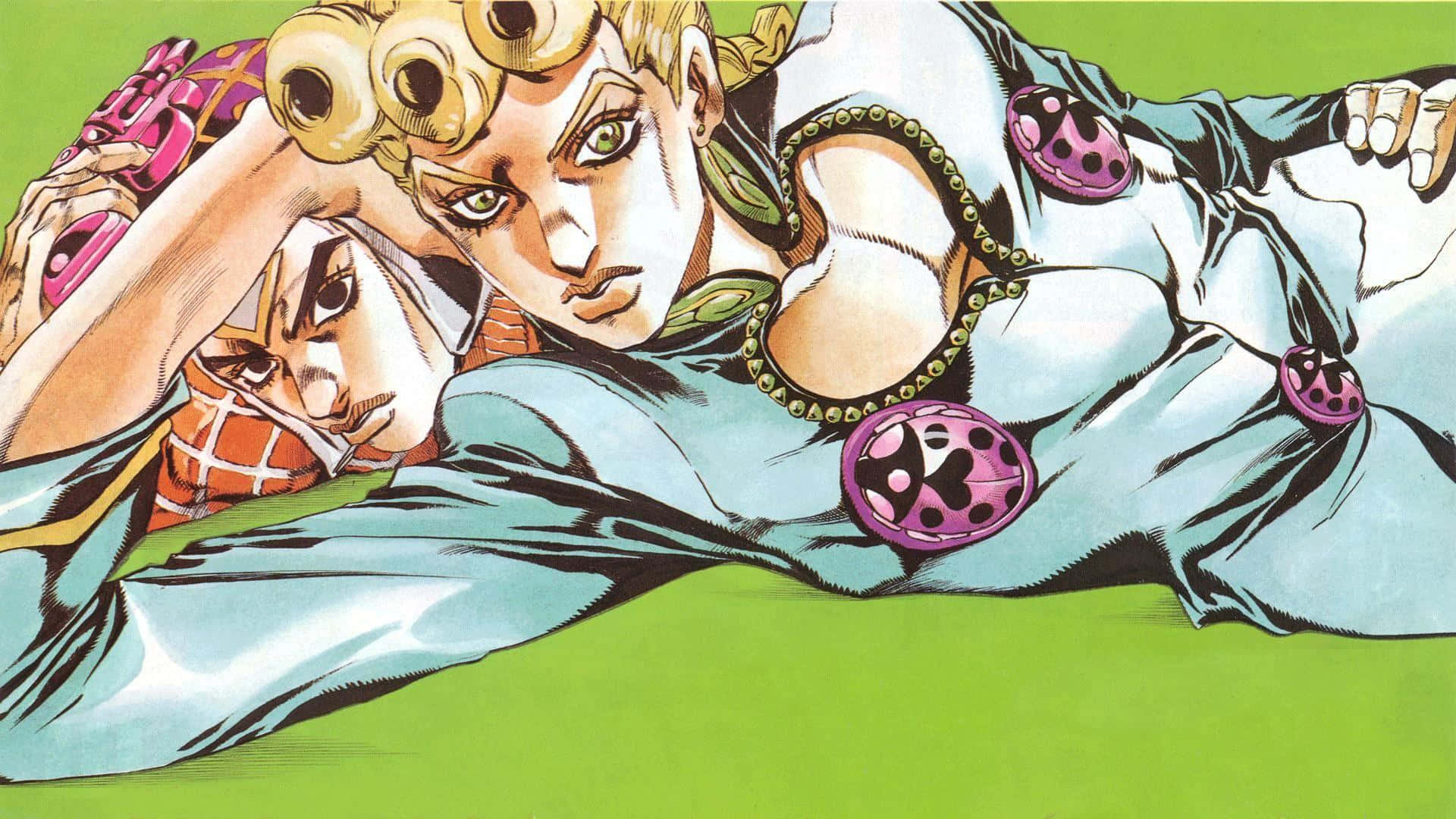 Jjba 桌布 壁紙 — 兩個金髮且穿著大膽服裝的動漫角色躺在明亮的綠色背景上，其中一個拿著粉紅色武器。