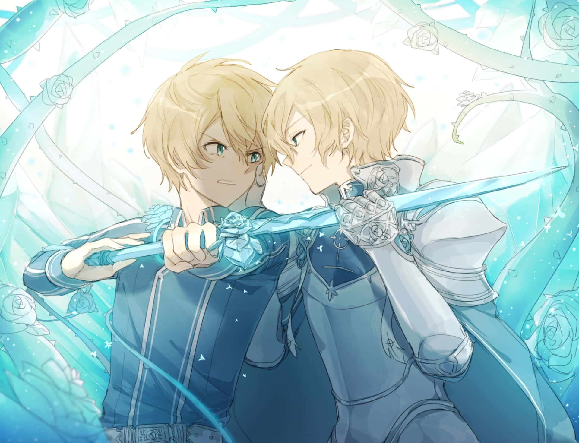 Sword Art Online Eugeo 桌布 壁紙 — 兩個金髮動漫男孩在一個被玫瑰包圍的發光藍色水晶競技場中交劍。