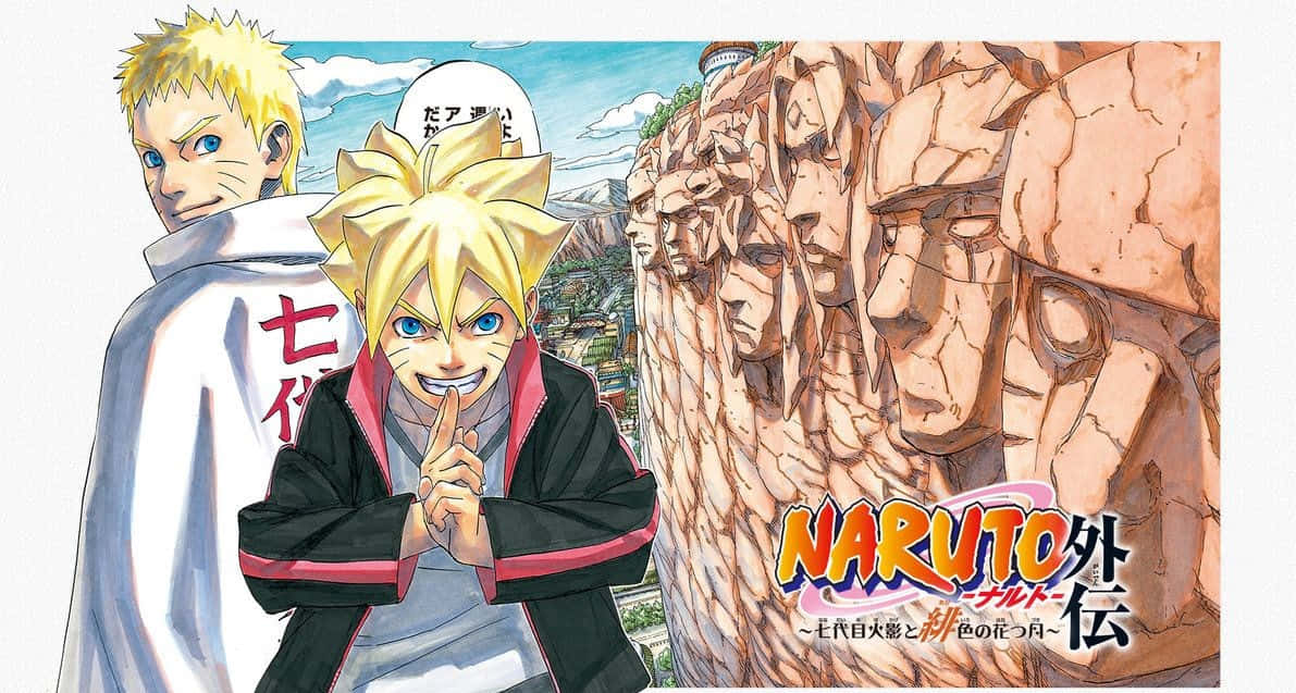 Boruto And Naruto 桌布 壁紙 — 兩個金髮動漫男孩穿著忍者服裝，站在石紀念碑面孔前，背景是明亮的藍天。