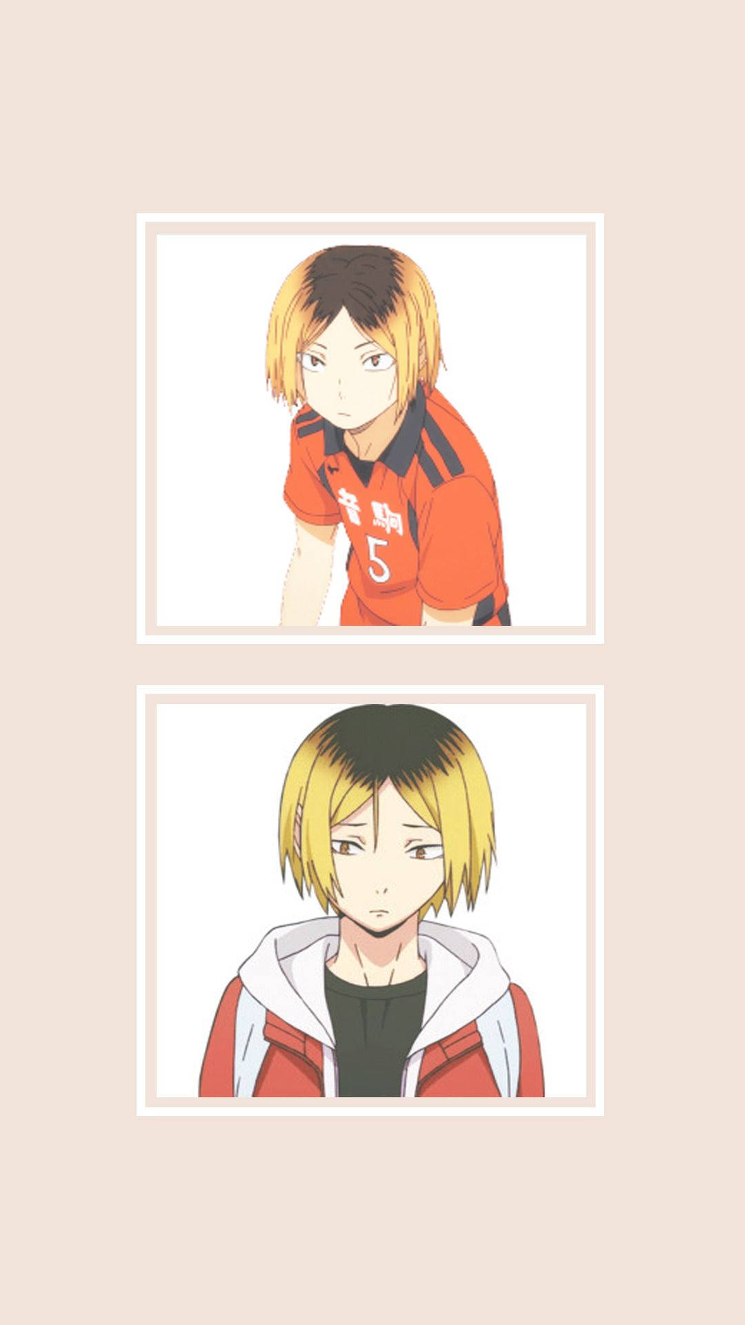 Kenma Kozume 桌布 壁紙 — 兩個金髮動漫角色分別展示在獨立相框肖像中，背景為柔和米色。