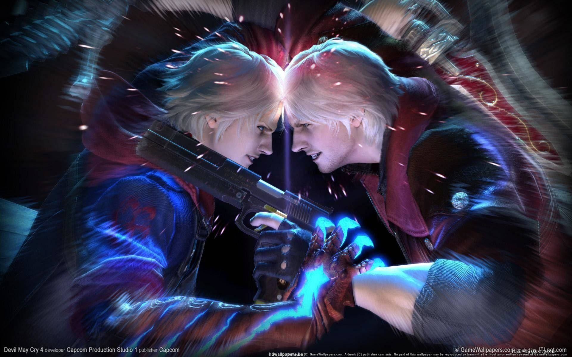 Devil May Cry 5 桌布 壁紙 — 兩個金髮動漫角色在動態戰鬥中碰撞，發出藍色光芒的能量和火花在他們之間飛舞。