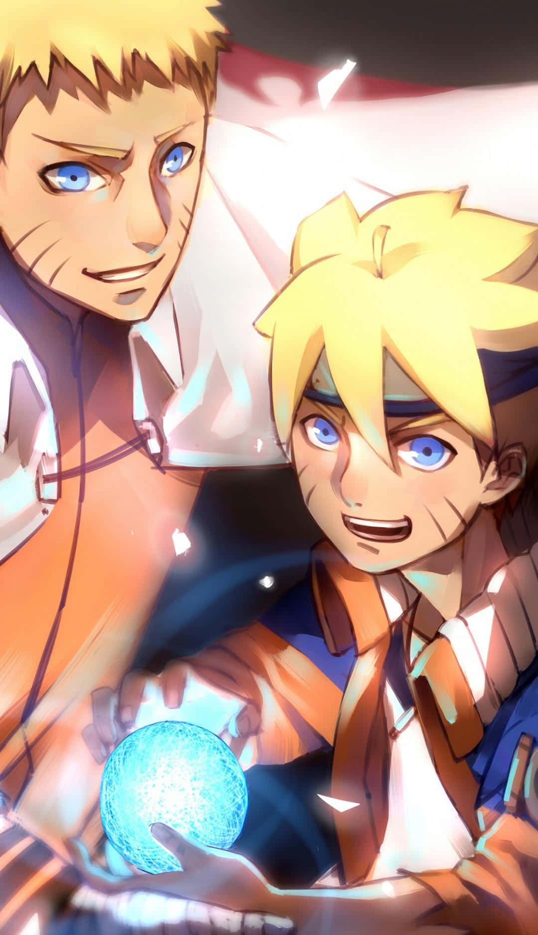 Boruto And Naruto 桌布 壁紙 — 兩個金髮藍眼的動漫男孩在一個動感、光線明亮的場景中共享一個發光的藍色球體。