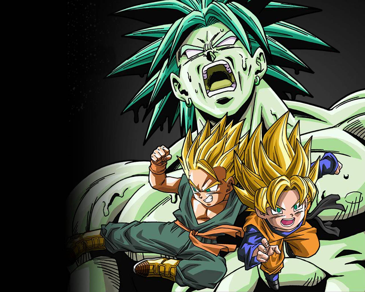 Goten 桌布 壁紙 — 兩個金髮賽亞人戰士在黑暗背景下帶著兇猛表情向前衝，被一個高聳的綠髮巨人憤怒尖叫所籠罩。