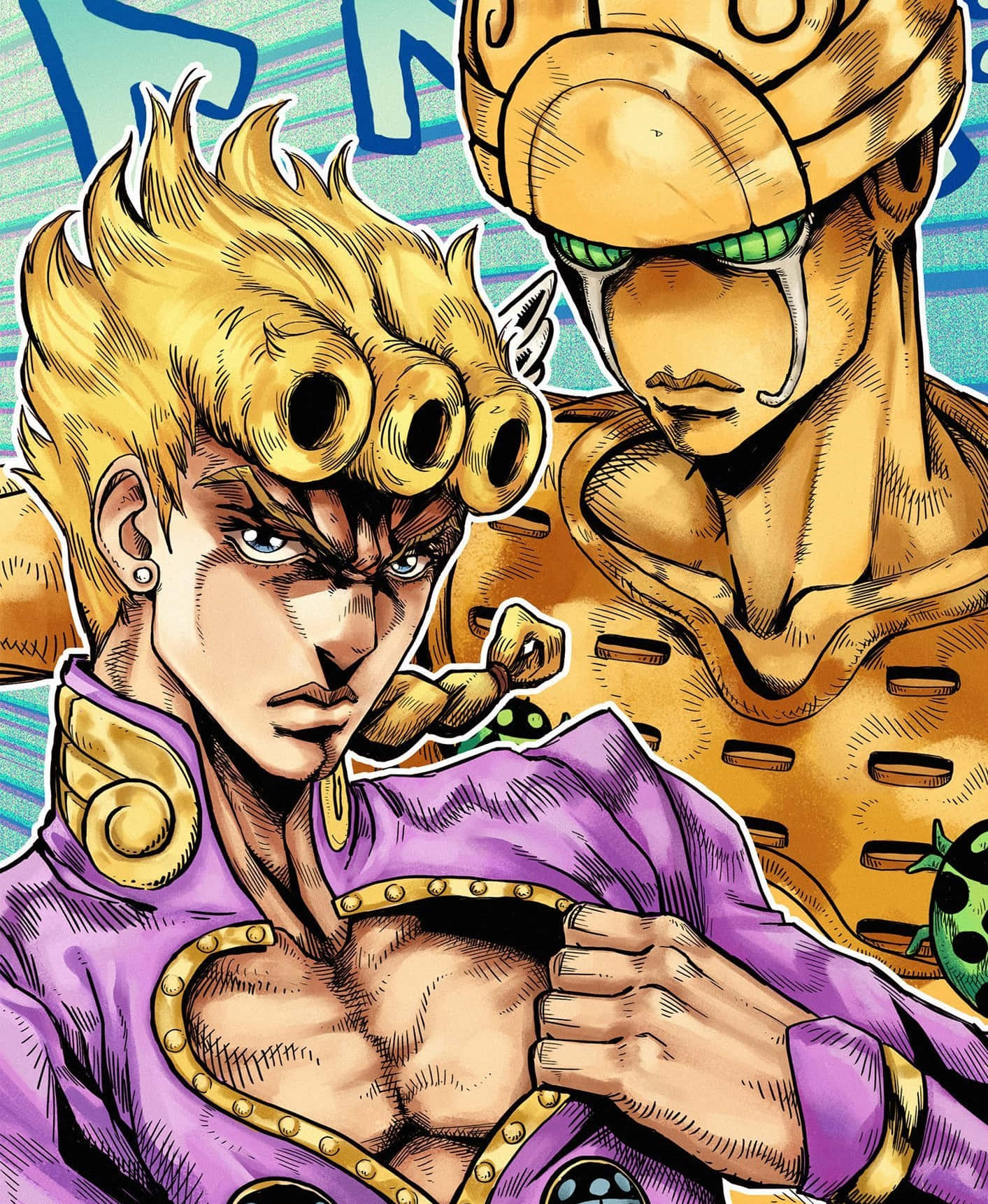 Gold Experience Jojo 桌布 壁紙 — 兩個金髮金甲的動漫角色，在塗鴉背景前擺出充滿動感的姿勢。
