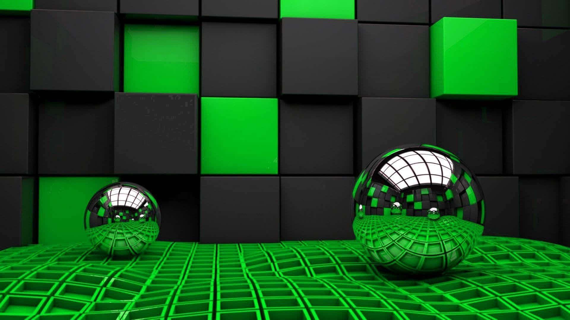 circles 桌布 壁紙 — 兩個鉻球在充滿活力的綠色格子地板上反射出網格天花板，背景是黑色和綠色的立方體牆。
