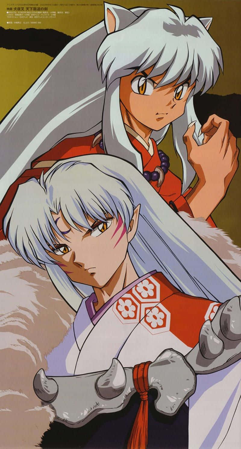 Inuyasha And Sesshomaru 桌布 壁紙 — 兩個銀色頭髮和狐狸耳朵的動漫角色，在溫暖的金色背景下穿著傳統日本服裝。
