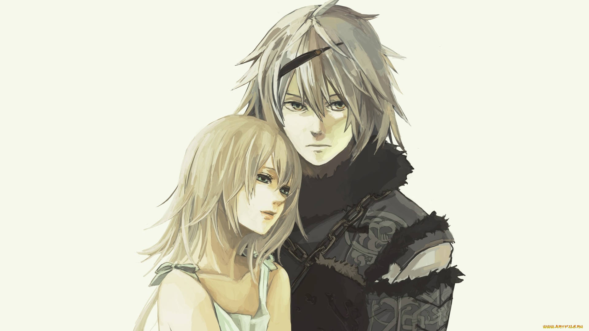 Nier 桌布 壁紙 — 兩個銀色頭髮的動漫角色在柔和的奶油色背景前擁抱，一個穿著深色盔甲，另一個穿著淺色衣服。