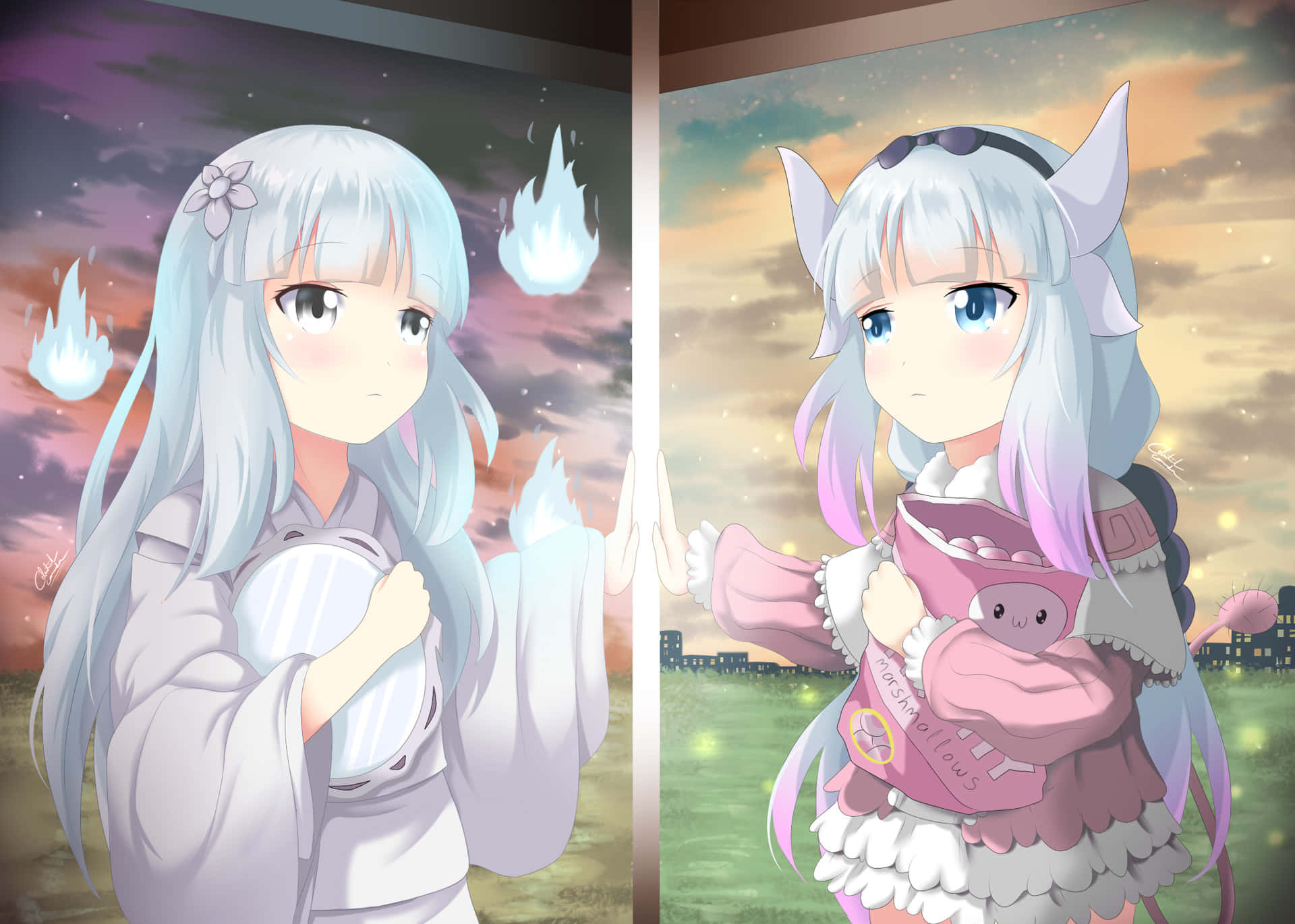 Inuyasha Kanna 桌布 壁紙 — 兩個銀髮動漫女孩並肩而立，一個身穿白色長袍，漂浮著藍色火焰，另一個身穿粉紅色服裝，抱著毛絨玩具，背景是暮色天空。