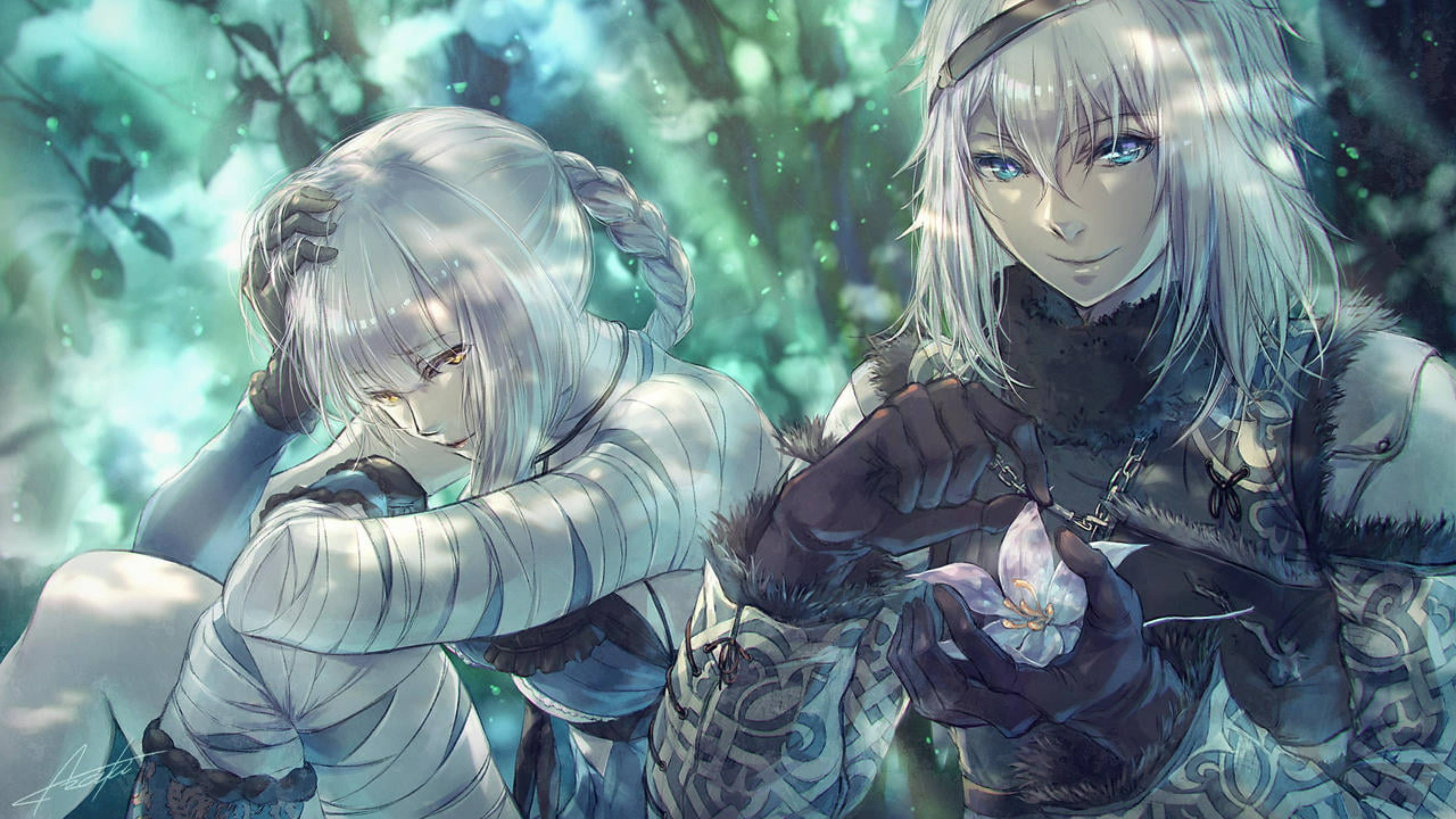 Nier 桌布 壁紙 — 兩個銀髮動漫角色在神秘森林中，一個拿著發光的花朵，另一個看起來沮喪。
