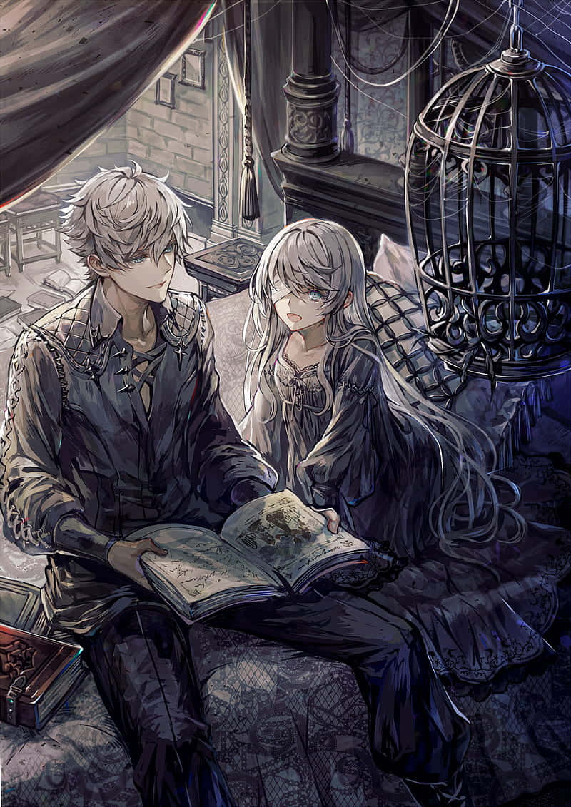 Dark Aesthetic Anime 桌布 壁紙 — 兩個銀髮動漫角色坐在昏暗的哥德式房間裡，在懸掛的籠子下看書。