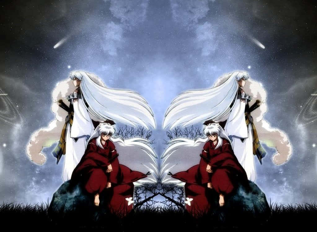 Inuyasha And Sesshomaru 桌布 壁紙 — 兩個鏡像動漫角色，白髮紅袍，坐在岩石上，背景是流星劃過的星空夜空。