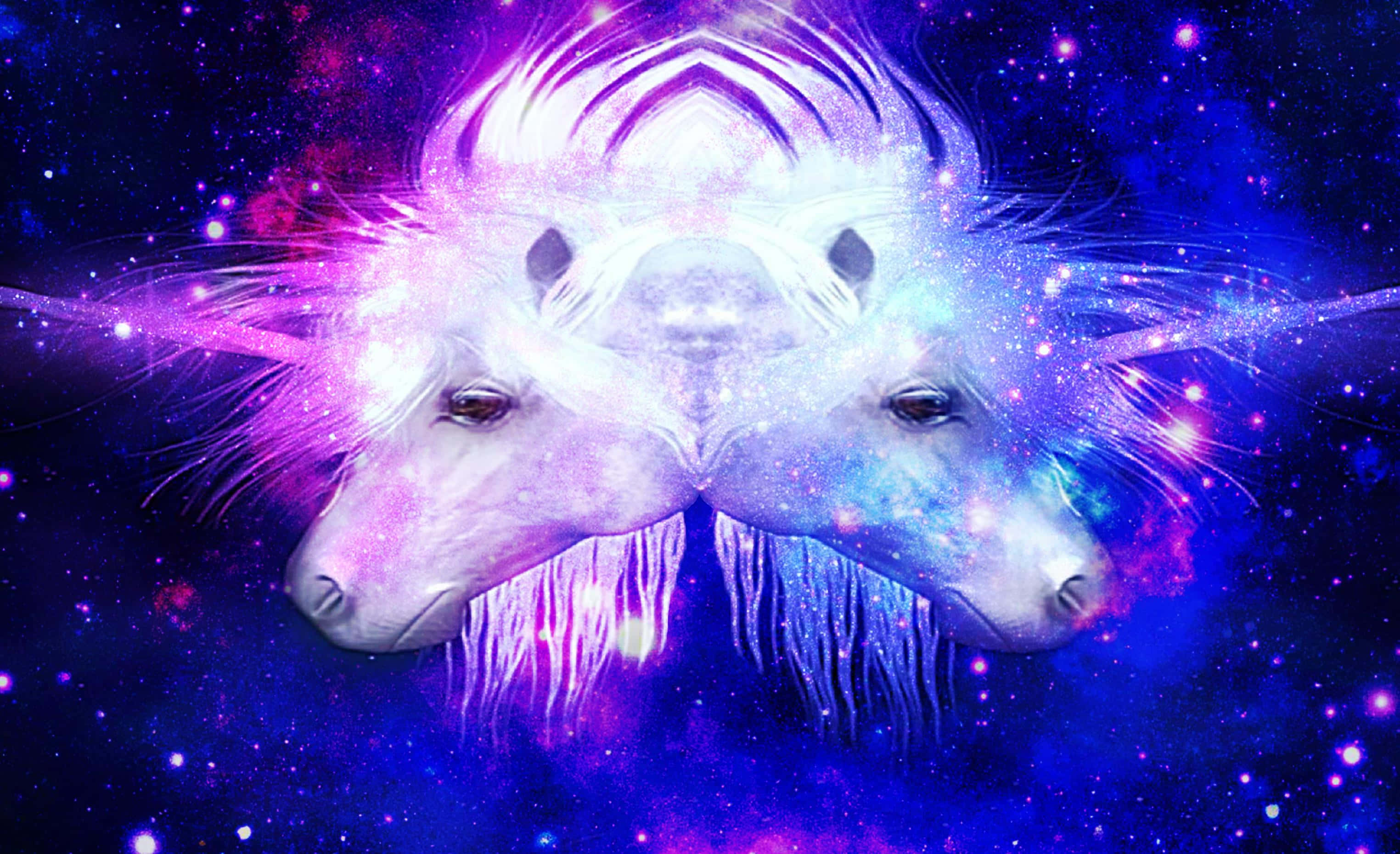 Purple Unicorn 桌布 壁紙 — 兩個鏡像獨角獸頭部在佈滿星星的紫色和藍色星系中散發著宇宙星雲的光芒。